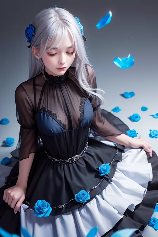 (highest quality, Tabletop), (One Girl, alone, Black Dress, Are standing , Show Viewer, Gray Hair, blue eyes, Mouth closed, ),((Blue rose)), One Woman、20-year-old woman、Flat body、Slime、cute、'Face、 (Background Blur)、(Shine:1.3)、(Blue geometric background:1.3)、(head shot)、Red Rose、Red flower
