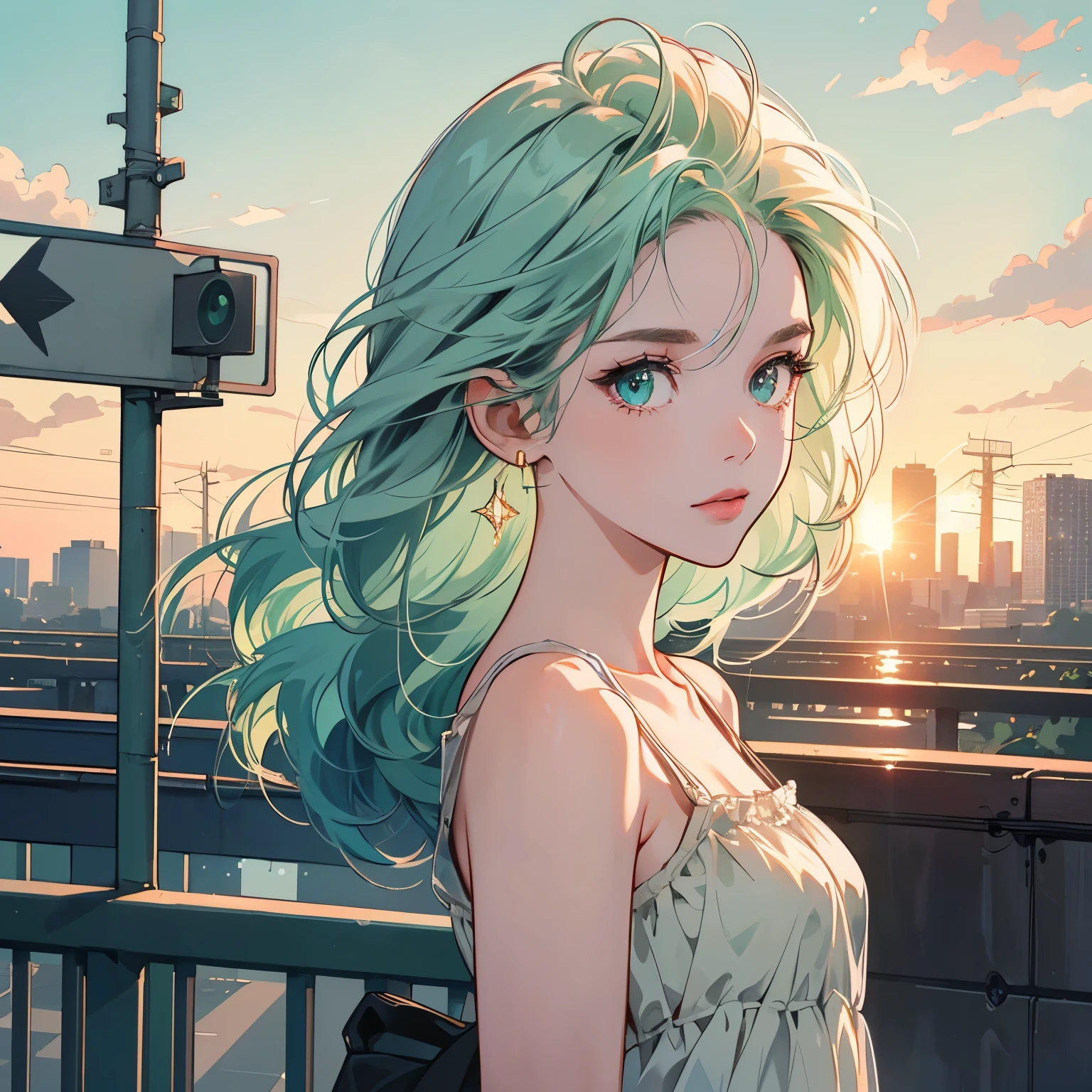 Upper body, 1 Woman, Top Quality, 14k, wind blowing, white camisole, sunset, skyscraper, power lines, crosswalk, sign, railroad tracks, train station, (((sparkling eyes))), (((mysterious))), light green hair, detailed hair, detailed background, top quality, light lighting, backlight, dim, clouds, front, (((overhead shot))), looking at viewer backlight, dim, clouds, frontal face, looking at viewer,Various hairstyles,Very beautiful women, Noble,Apartment balcony