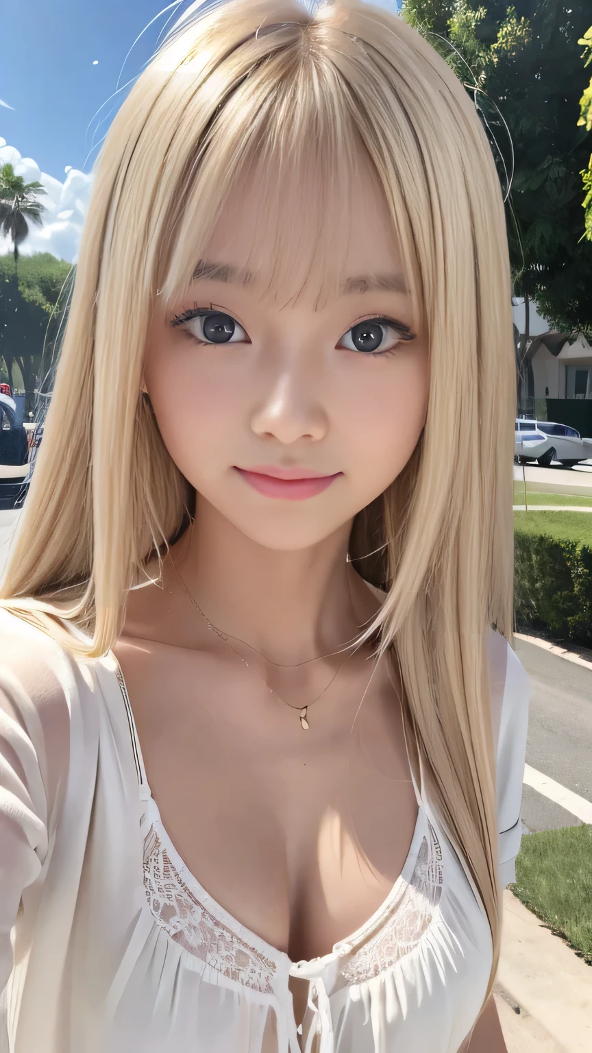 Sunburn marks on tanned skin、blush、Bright blonde hair,A cute 20-year-old girl with a cute look, A strong wind blows my hair in front of my face、Beautiful big sparkling eyes, Cute eyes hidden by long bangs、Yawn、No visible nasolabial folds、A short, light-colored ummer shirt、Don't show your underwear