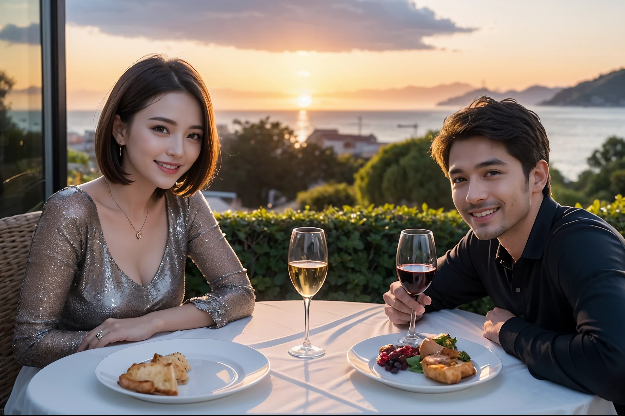 ((highest quality、8k、masterpiece:1.3))、 (Realistic, Real、Bright image、Intricate details:1.2), Best smile 1 man 1 woman、Beautiful couple、lover、couple、spouse、Beautiful couple、Happy smile、full-course dinner、 (Slim face), (Slim Body), (Brown Hair), (Short Hair), テーブルの上のwine glass、Please put light on my face、 Amazing view of the sunset sky and clouds、 (Age 36), 39 years old, red wine 、Appetizers、Wine bottle、sparkling wine、Long sleeve shirt、dress、White wine, red wine, wine glass, 