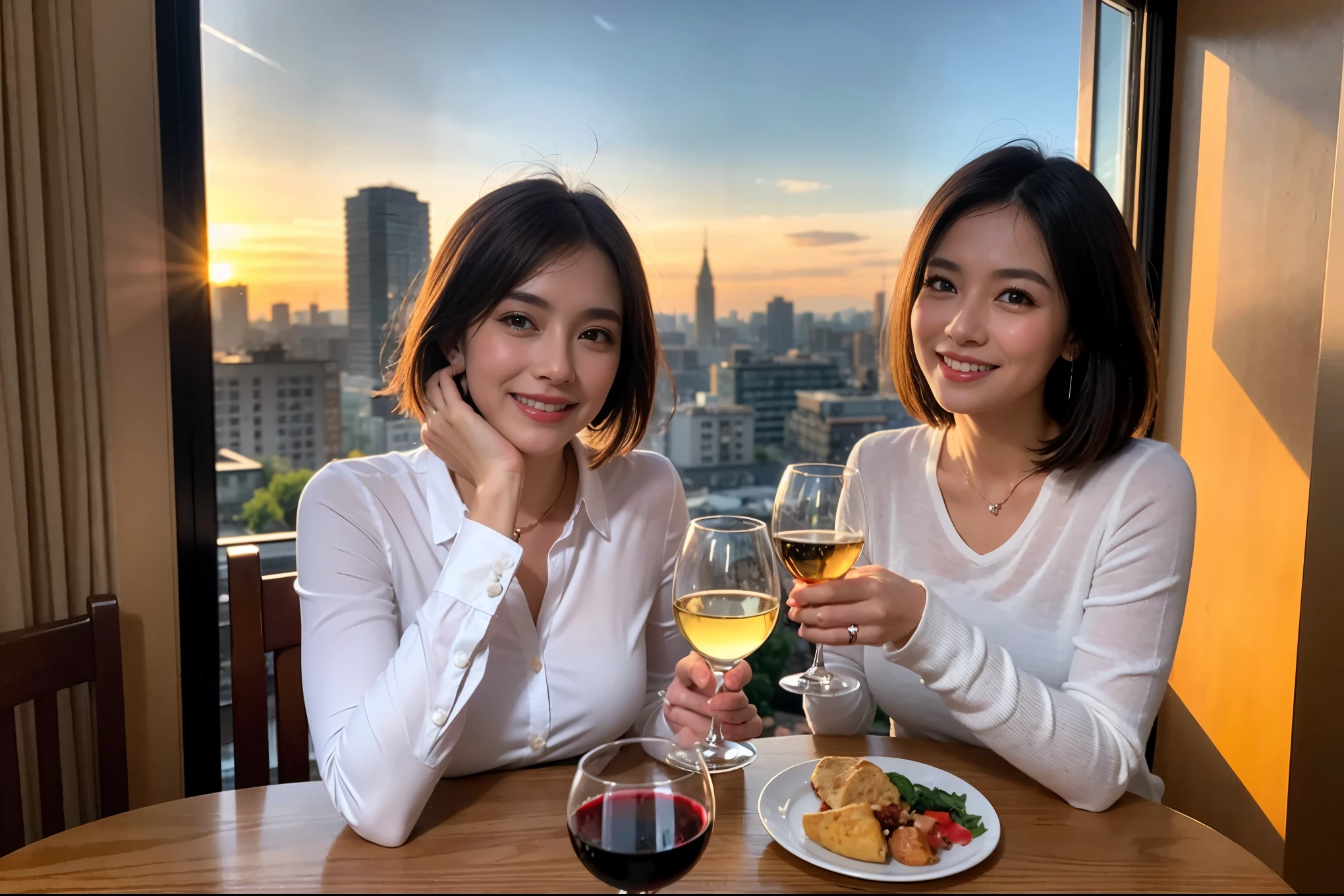 ((highest quality、8k、masterpiece:1.3))、 (Realistic, Real、Bright image、Intricate details:1.2), Best smile 1 man 1 woman、Beautiful couple、lover、couple、spouse、Beautiful couple、Happy smile、full-course dinner、 (Slim face), (Slim Body), (Brown Hair), (Short Hair), テーブルの上のwine glass、Please put light on my face、 Amazing view of the sunset sky and clouds、 (Age 36), 39 years old, red wine 、Appetizers、Wine bottle、sparkling wine、Long sleeve shirt、dress、White wine, red wine, wine glass,
