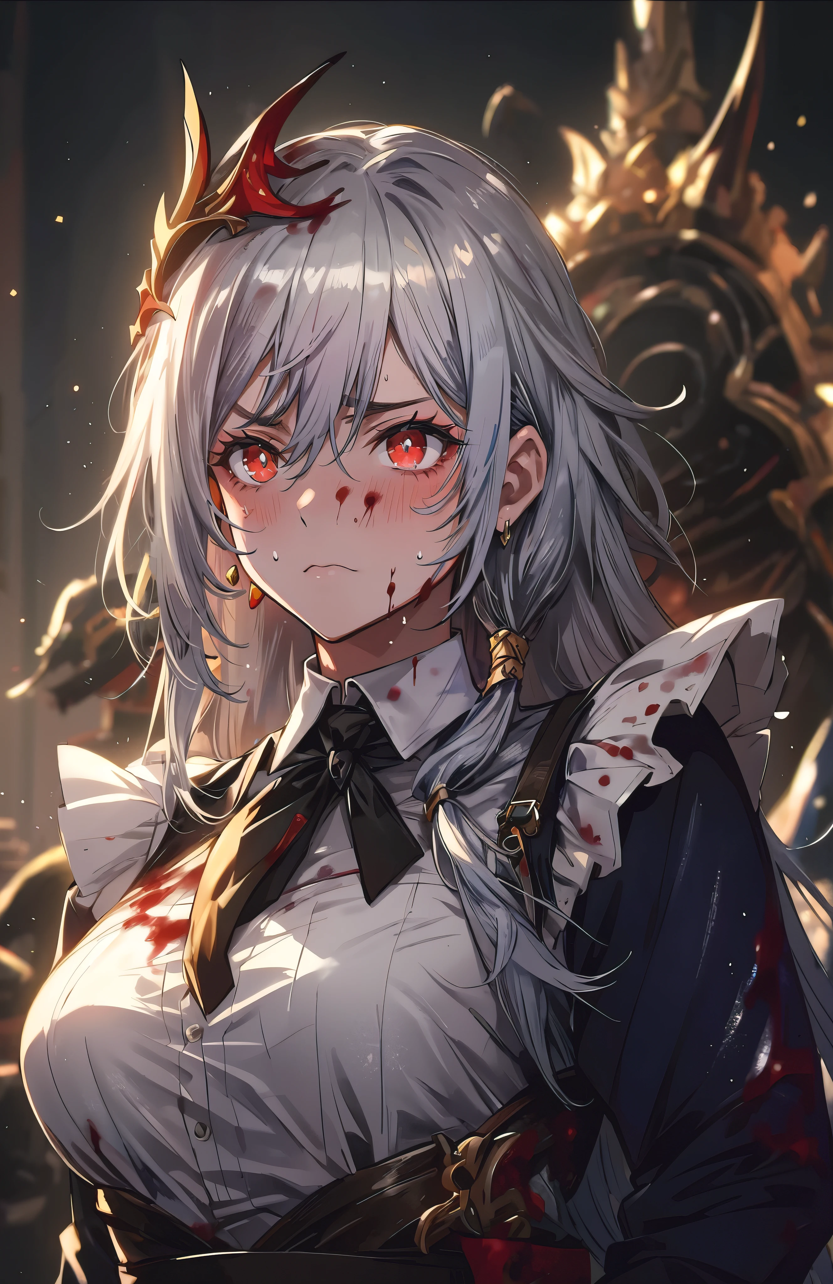 senti, red eyes, hair ornament, (long_hair, silver hair:1.6), sweating, glowing eyes, heavy breathing, breasts, blood, bloody_clothes, blood_on_face, 1girl, blood_splatter, bloody_weapon, bloody_hands, blood_stain, solo, maid_headdress, dress, nosebleed, knife, looking_at_viewer, breasts, upper_body, injury, blue_dress, apron, black_neckwear, long_sleeves, blood_from_mouth, maid, gradient_background, gradient, glow effects, godrays, Hand drawn, render, 8k, octane render, cinema 4d, blender, dark, atmospheric 4k ultra detailed, cinematic, Sharp focus, big depth of field, Masterpiece, colors, 3d octane render, 4k, concept art, trending on artstation, hyperrealistic, Vivid colors, extremely detailed CG unity 8k wallpaper, trending on CGSociety, Intricate, High Detail, dramatic, anime coloring, anime screencap, sweating, steaming body, fog
