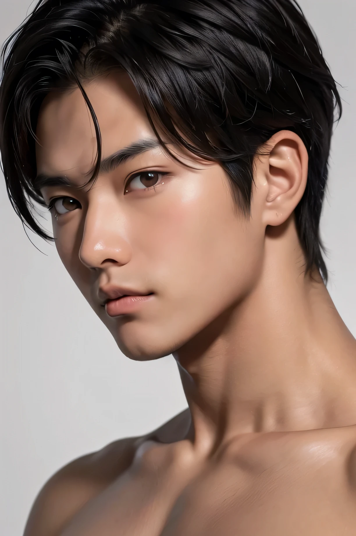 Handsome Japanese male model, 　Black Hair　short hair　Short cut　Baby Face　Stg straight into the camera with a stern look　Beautiful Skin　slim and muscular　intense 　Nude from the shoulders up　front　Facing　Gray tone no background　No background　front　Facing　no background　No background　　no background　No background Upper body face up　My eyes are watering　blush　Upper body face up