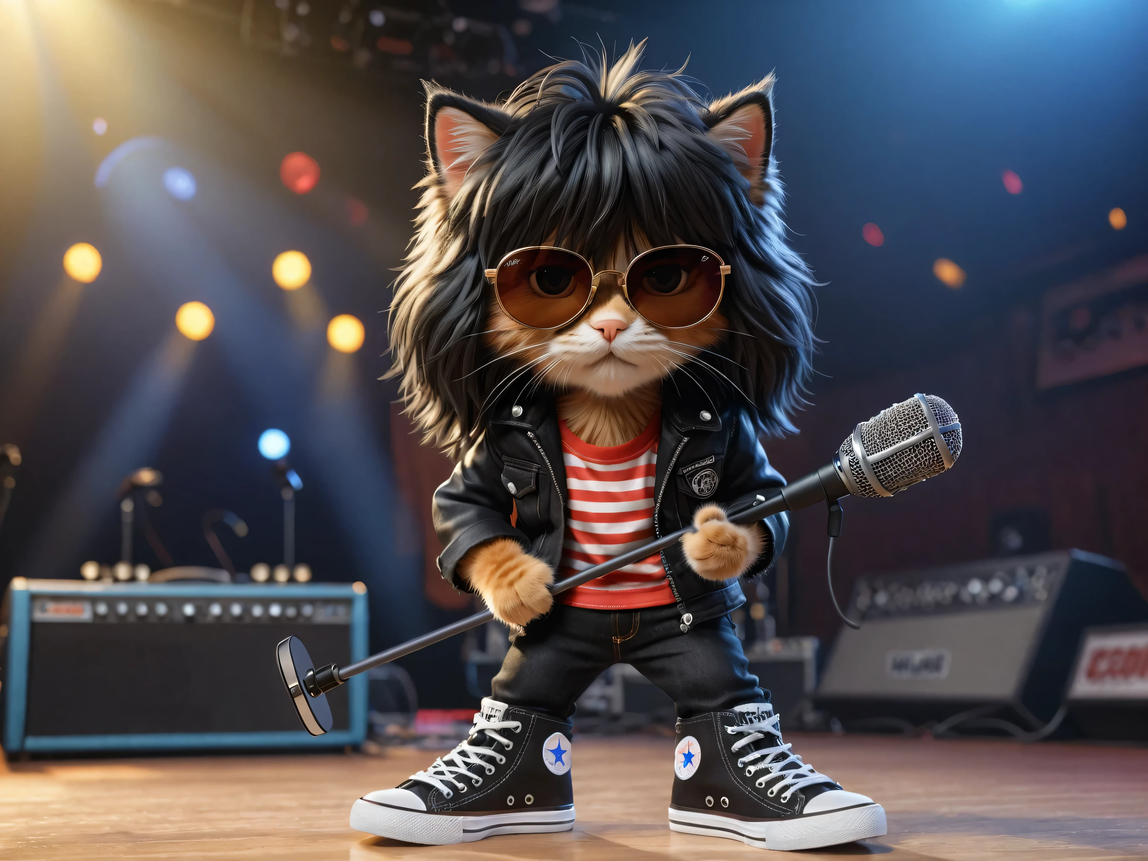 Cute anthropomorphic kitten fluffy cartoon with very long hair black with bangs, singing with microphone in hand (black sunglasses with oval lenses) by Joey Ramone digital painting 3d cosplay Ramones pants jeans, All Star shoes in the background concert stage with several lights blue, isometric view, Cinematic, Hyperrealistic, Backlit, Extremely low angle, Highly detailed, scaled down, Unrealistic rendering, 16K