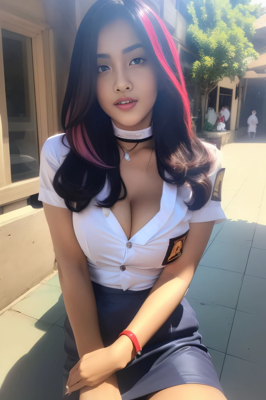 1girl, (indonesian_high_school_uniform), (bob hair), (highlight multicolored hair), crowded, (public malls), detailed face, detailed eyes, huge breasts, shiny skin, looking at the audience,(8k, RAW photo, best quality, masterpiece: 1.2), (realistic, realistic: 1.37), ultra-high resolution, (gigantic breast), big breast, deep v neck, (bodycon),(very short skirt), (plunge neckline), choker, button shirt, underboobs, navel