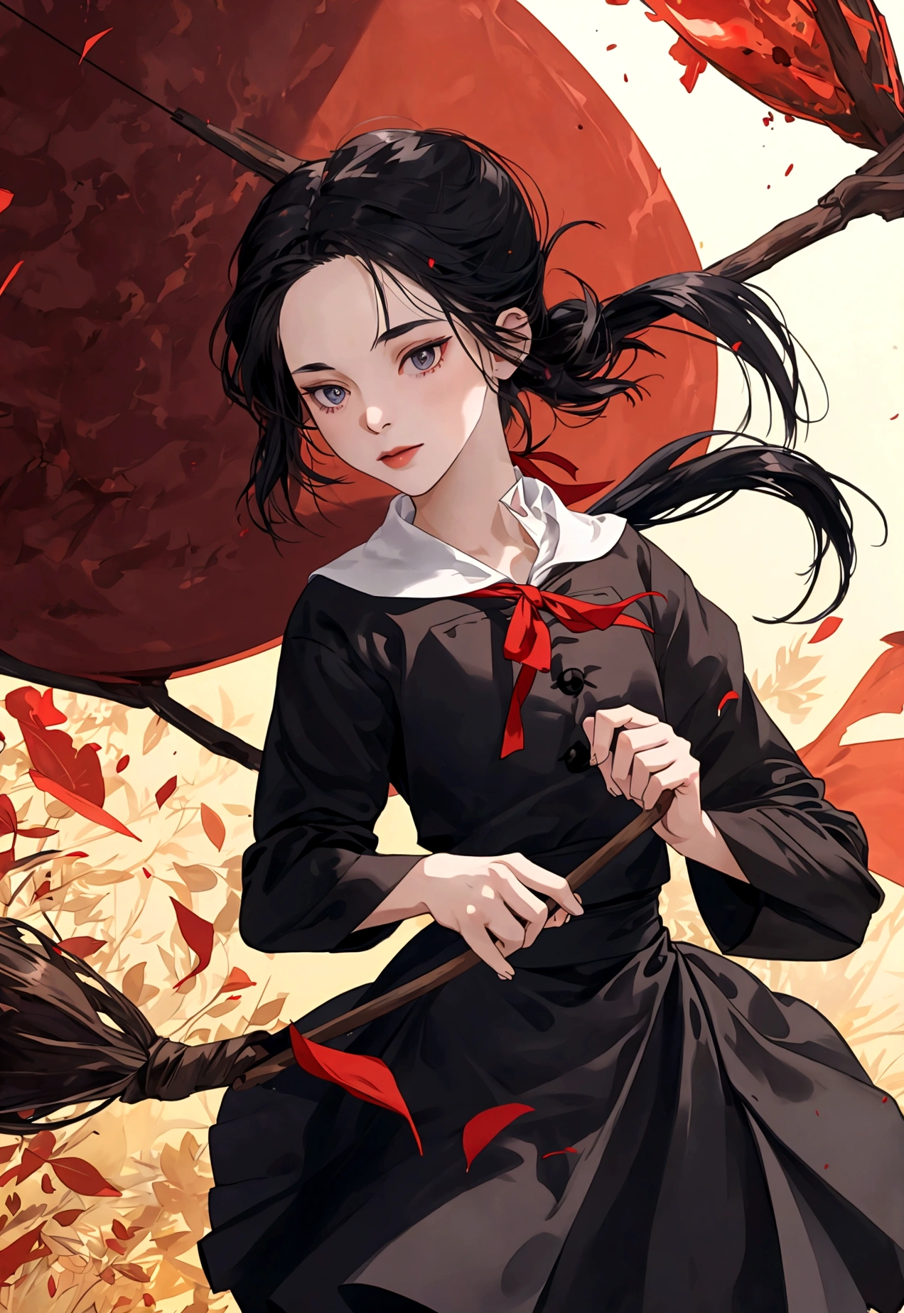 Animated taste, Witch's Delivery Service, dressed in black, red ribbon on head, on broom, flying, crisp touch, 4K