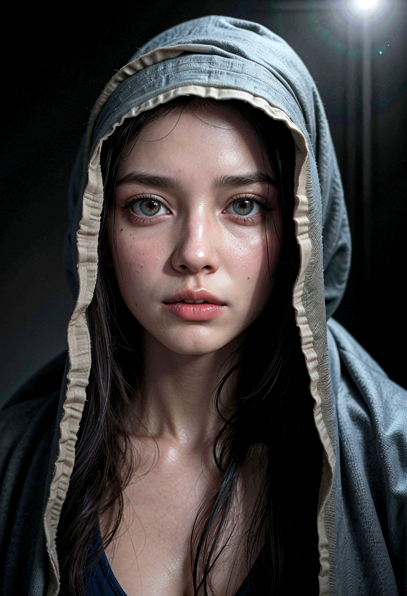 mujer anciana, marchito, Ciego de ambos ojos, ropa desgarrada, piel seca, detallado, Ojos hacia adelante, horror movie, todo fondo oscuro, abollado, realista, 8K, ultra real , Muy feo , Mystic