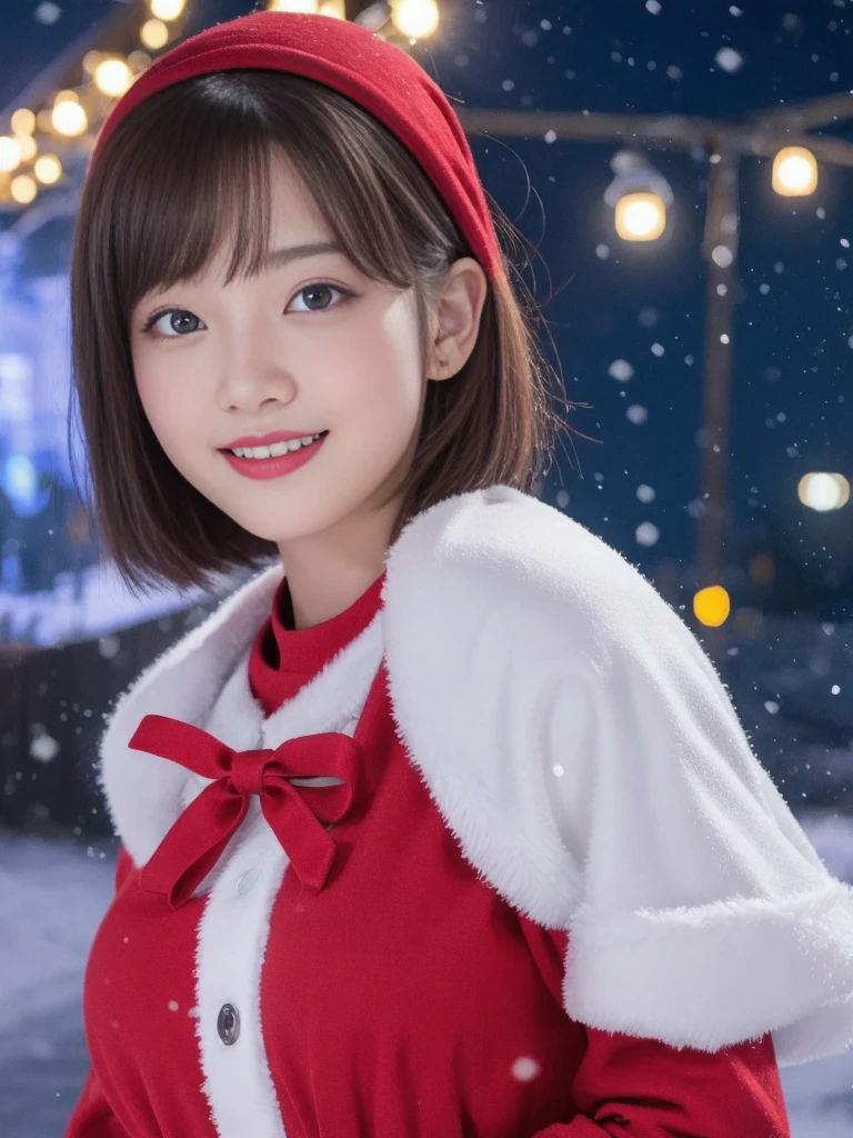 1girl, santa claus costume, symmetry, beautiful cute young girl, slender figure, (ultra short hair:1.5), ultra big smile, (Beautiful large round droped detailed eyes:1.0), beautiful detailed lips, extremely detailed face, natural makeup,Incredibly beautiful skin, (best quality,4k,8k,highres,masterpiece:1.5),(ultra-detailed,realistic,photorealistic,photo-realistic:1.75),professional,vivid colors,studio lighting,snowing night town,christmas eve