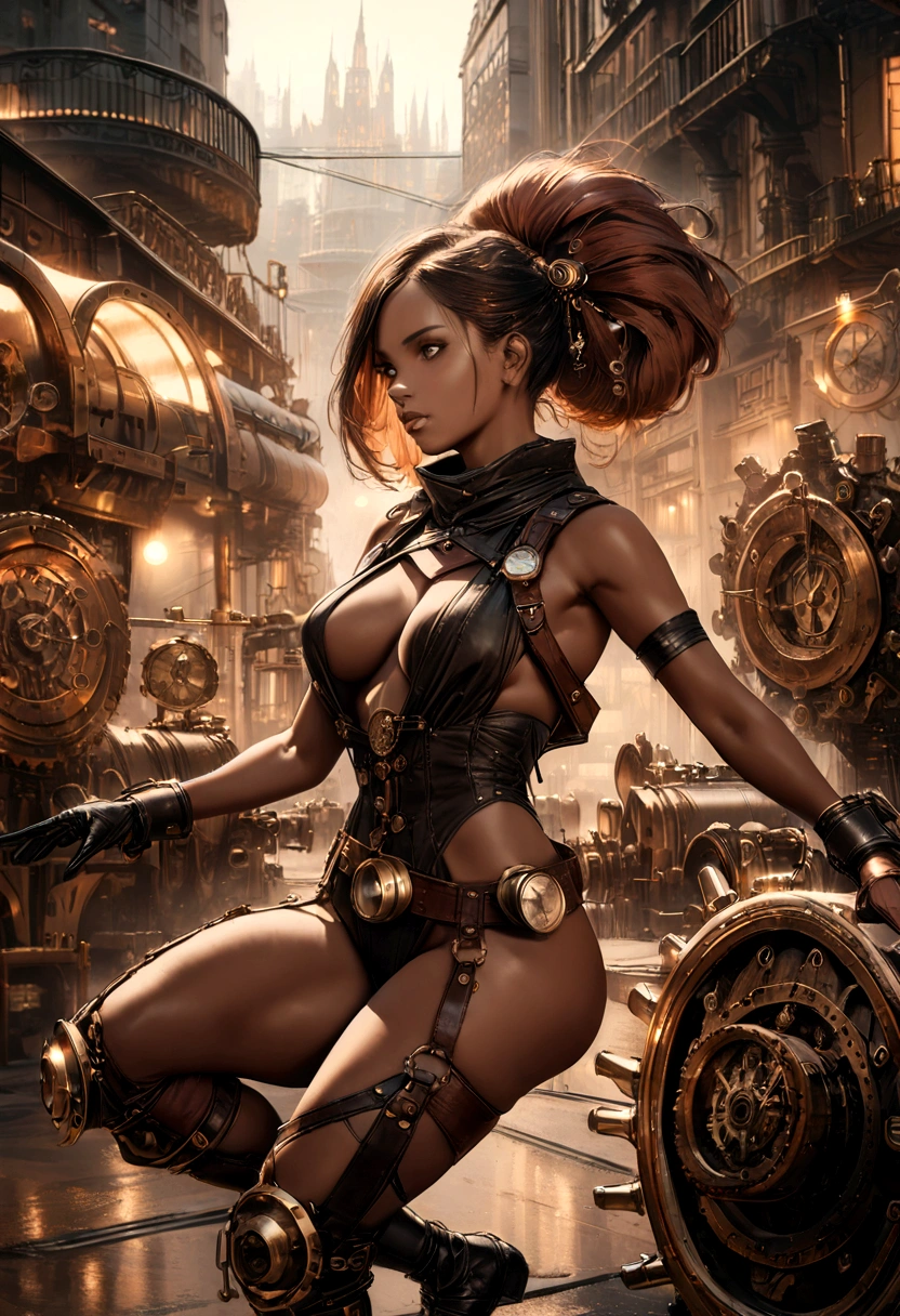 1girl, steampunk, Different hairstyles, ((((dark skin)))), different hair colours, female engineer, revealing workwear, goggles, perfect body, 80% body exposed, Provocative postures, intricate machinery, brass and copper accents, cogs and gears, futuristic cityscape, warm lighting, muted color palette, cinematic composition, photorealistic, 8k, best quality, masterpiece