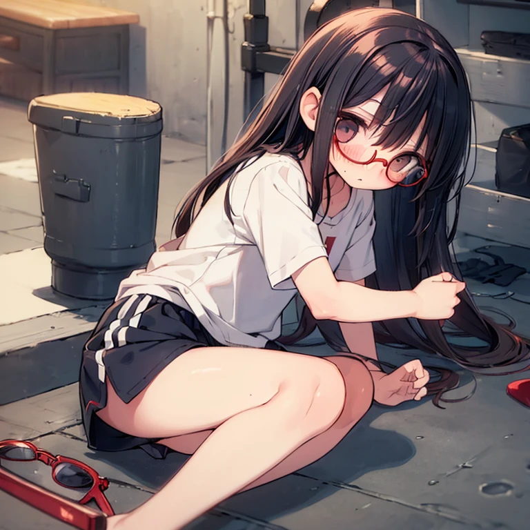(Big red round glasses:1.3)、(Timid girl、blush、Watery eye:1.2)、Long black hair、White short sleeve shirt、Navy blue shorts、Gym suit、 body、Flat body