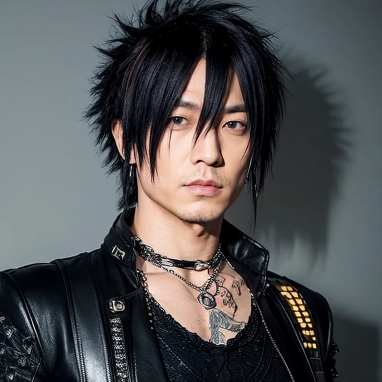 1 japanese male rocker, asien eyes, Visual Kai hairstyle, ultra detailed face and body, hyperrealistic, realistic representation, muscular, broad shoulders, tattoos gothic style, piercings, Visual Kei style, hairstyle Visual Kei, blond, 40 years old, age 40 outfit gothic streampunk, men's shirt and black pants, Asian eyes, eyes Asian, long hair, long hair