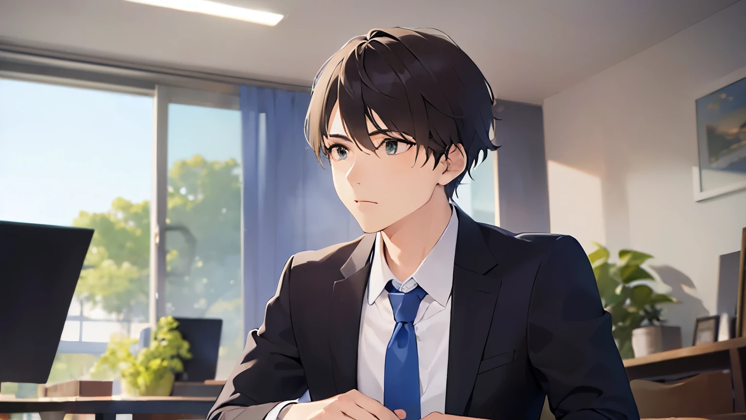 (looking away:1.5), Resting on elbows、upper body、masterpiece、highest quality、BREAK (25-year-old male:1.5) and (brown short hair) and (Green Eyes) BREAK (suit:1.5) and (Blue tie)、Sitting、Serious expression, Background is an office room、alone、Upper body is shown