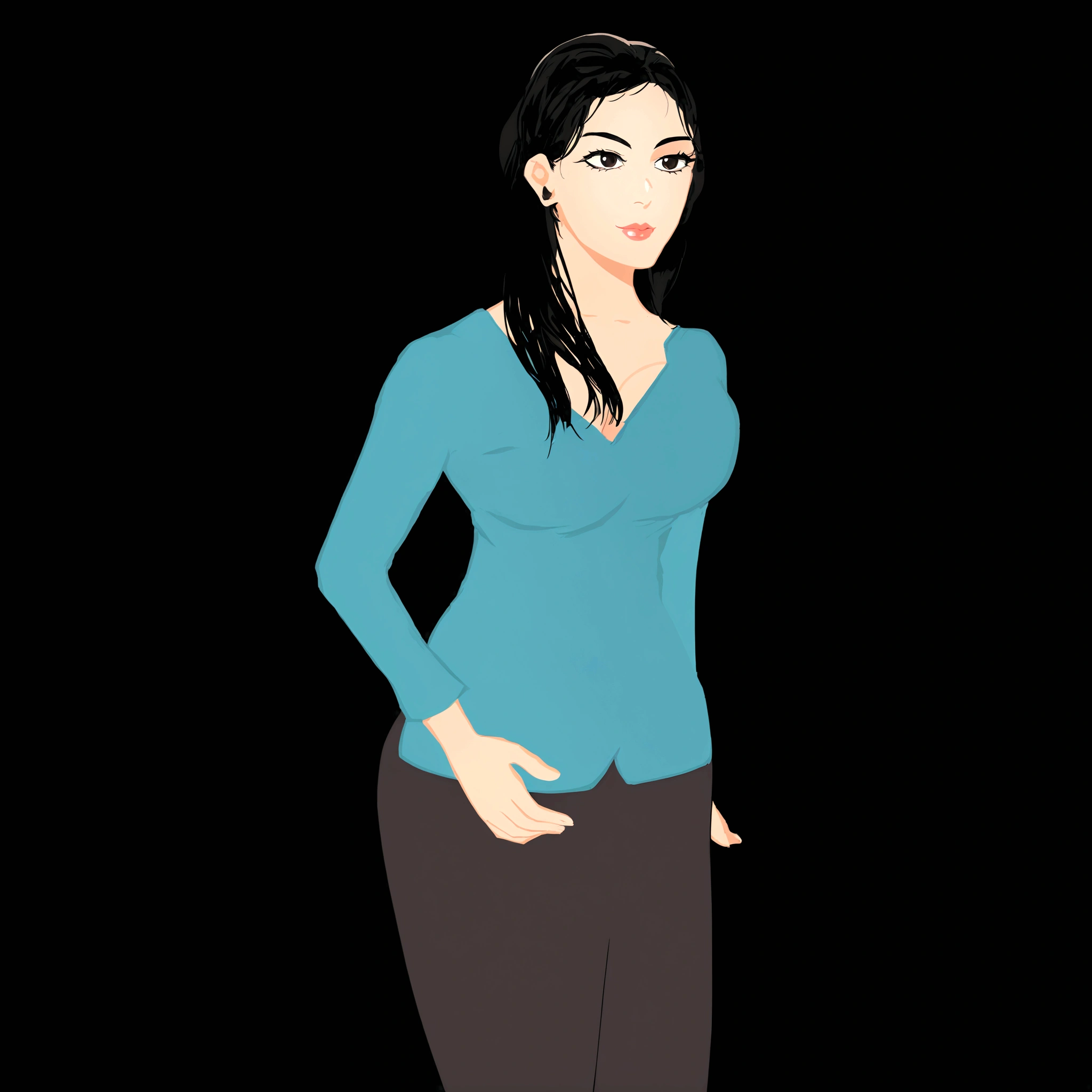 cartoon of a woman in a blue shirt and black pants, digital art of an elegant, female in office dress, young woman, female with long black hair, wearing a dark shirt and jeans, woman posing, dressed with long fluent clothes, woman with black hair, fully clothed. painting of sexy, wearing a blouse, character is in her natural pose, brunette woman