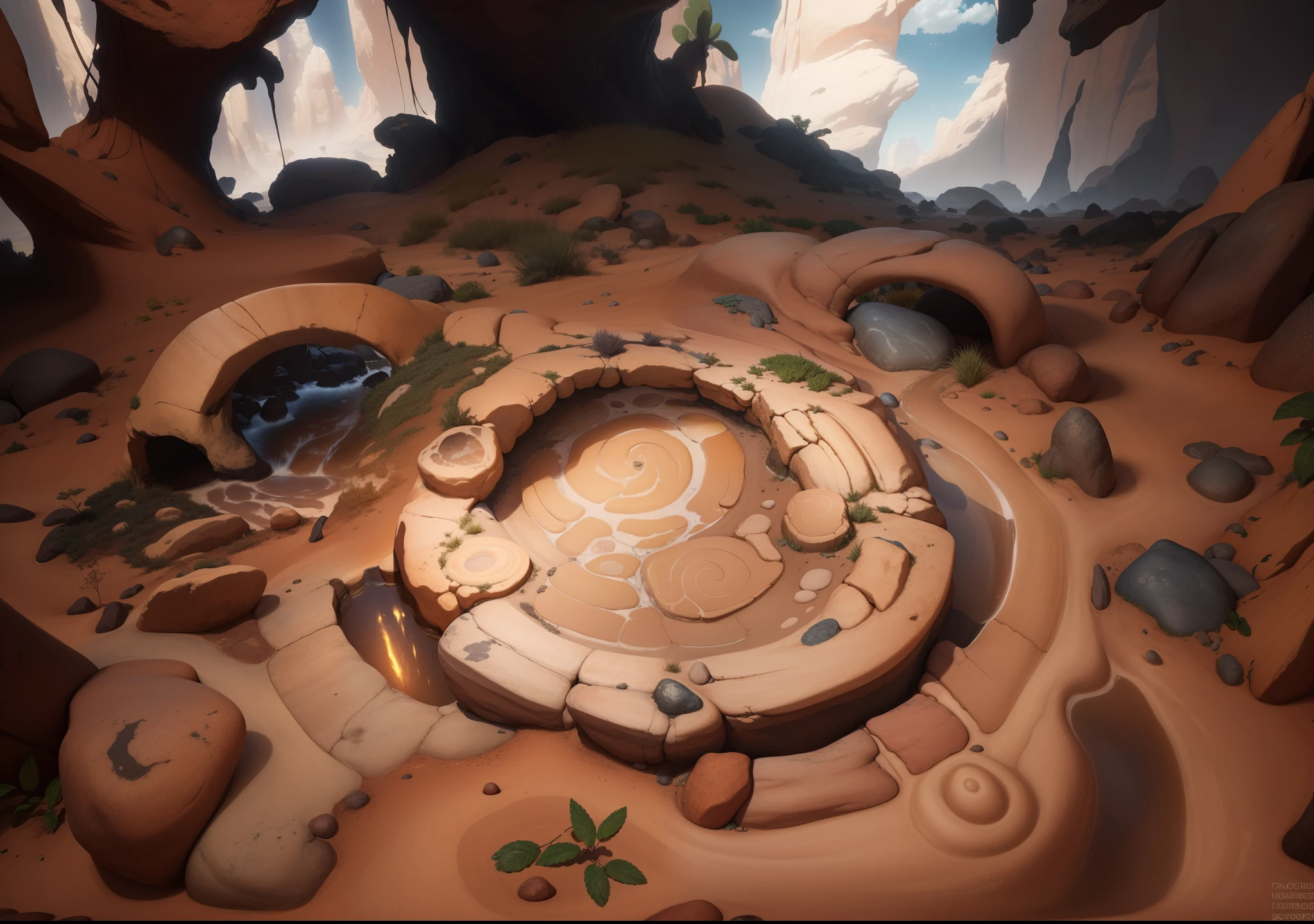 (masterpiece:1.1),(highest quality:1.1),(HDR:1),desert Rock texture,flagstone road,warm lights,speleothems,The texture is clear,Ray traching,Dune, dungeoun(The is very detailed,finely detailled,iintricate),8K resolution