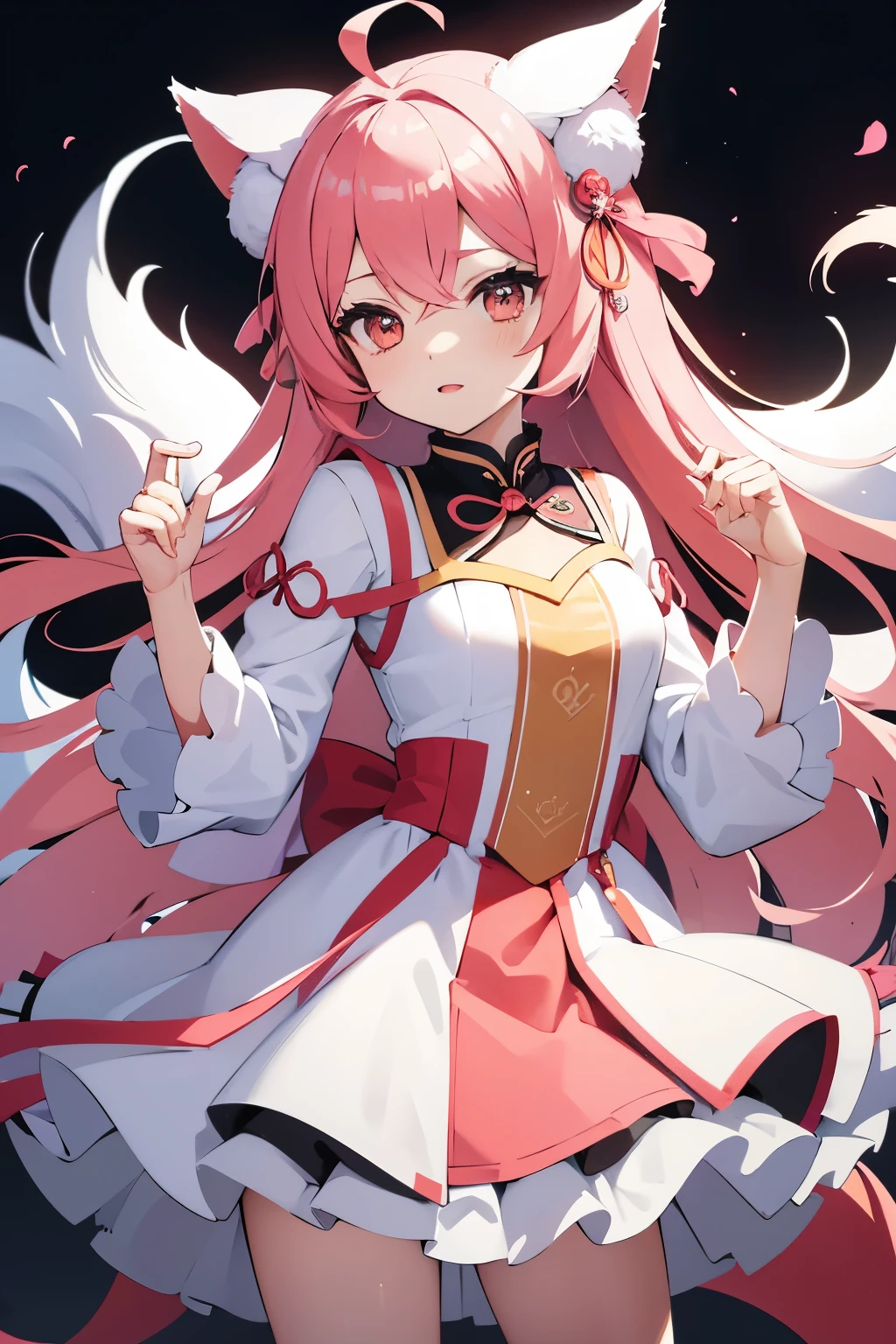 design perfeito de  vtuber, roupa rosa design inovador e fofo, Kitsune, cabelo longo hime cute branco com rosa, estilo vtuber, design complexo, design de vtuber roupa, streamer vtuber