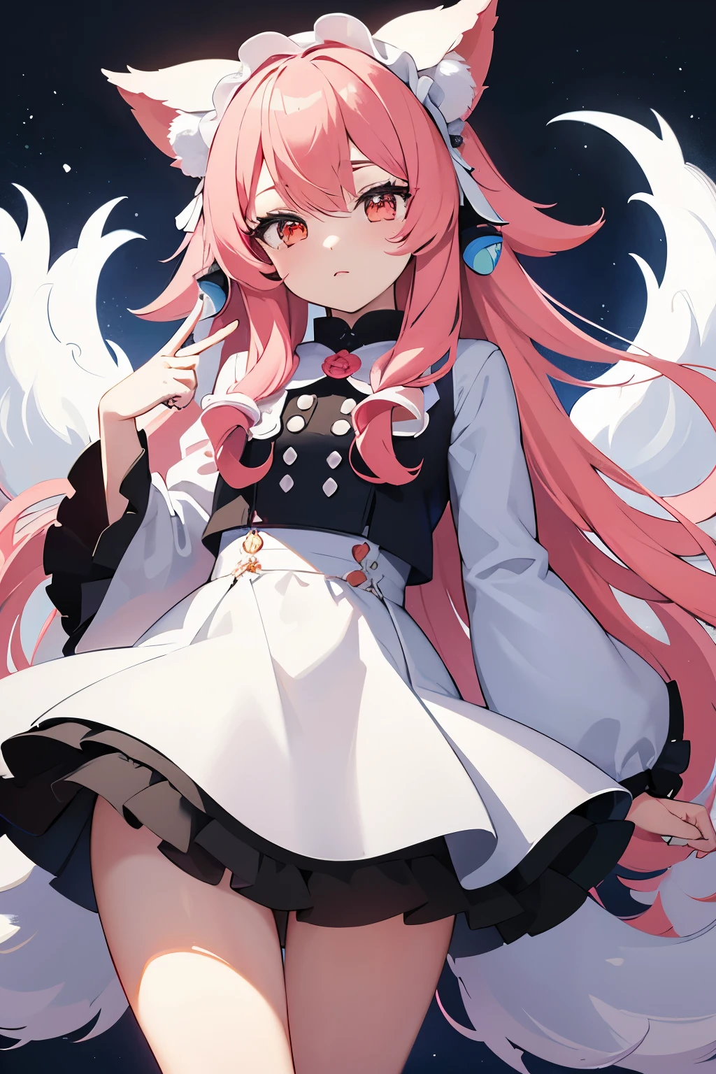 design perfeito de  vtuber, roupa rosa design inovador e fofo, Kitsune, cabelo longo hime cute branco com rosa, estilo vtuber, design complexo, design de vtuber roupa, streamer vtuber