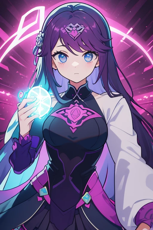 Imagen con estilo simple pero hermoso de una chica cuerpo completo con traje ciberpunk con colores rosado morado y azul, tiene una pistola muy grande que dispara corazones de humo rosados y fondo es simple de una ciudad, cuerpo completo