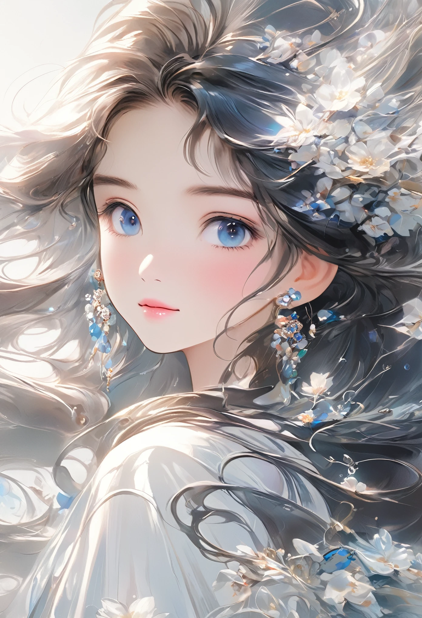 Chinese Girl, Sweet and charming girl, big eyes, illustration, long hair, Weaving, Fluffy hair, front, Film Angle, Reflective hair, 水汪汪的big eyes, Looking at you, Facial details, facial focus, masterpiece, 最OK品質, extremely delicate and beautiful, Dynamic angle, Intricate details, Beautiful and delicate eyes, Delicate face, Exquisite facial features, gentle lips, real, charming, focus, clear lines, 8k high resolution, OK, Smile, Wearing a white dress, Stylish and beautiful, Depth of Field