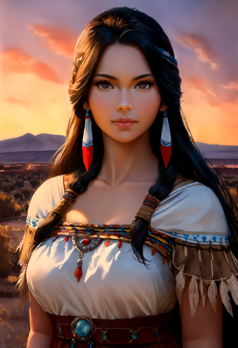 Photographie de portrait de Marie Avgeroupolus in the role of Pocahontas, Beautiful young Native American woman, Perfect symmetrical face, Indigenous feather jewelry, Traditional handmade dress, warrior hunter armed, (((Far West))) environnement, Utah landscape, ultra realist, Art conceptuel, elegant, ((complexe)), ((highly detailed)), profondeur de champ, ((Professionally graduated color)), soft ambient lighting, twilight, 8k, Art par Artgerm et Greg Rutkowski et Alphonse Mucha