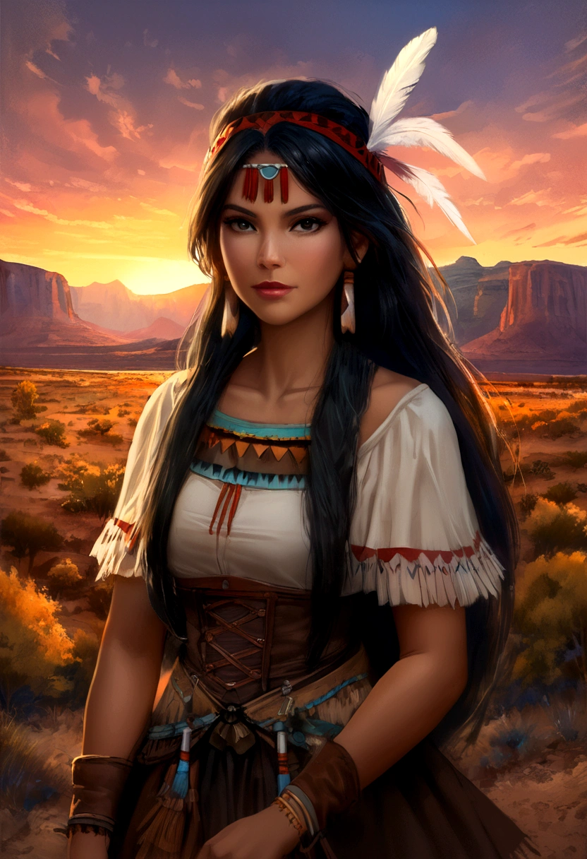 Photographie de portrait de Marie Avgeroupolus in the role of Pocahontas, Beautiful young Native American woman, Perfect symmetrical face, Indigenous feather jewelry, Traditional handmade dress, warrior hunter armed, (((Far West))) environnement, Utah landscape, ultra realist, Art conceptuel, elegant, ((complexe)), ((highly detailed)), profondeur de champ, ((Professionally graduated color)), soft ambient lighting, twilight, 8k, Art par Artgerm et Greg Rutkowski et Alphonse Mucha