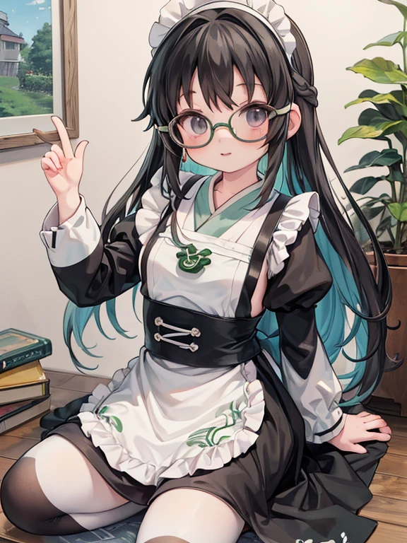 8k, (Ghibli-like colours:1.5), , black eye, Glasses, Black Hair, Long Hair, Braid, Black maid outfit
