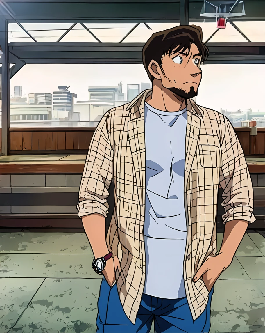 (saeba ryo city hunter ) blue suit jacket Red t-shirt, underwear, lewd smile, standing in front of a coffee shop.