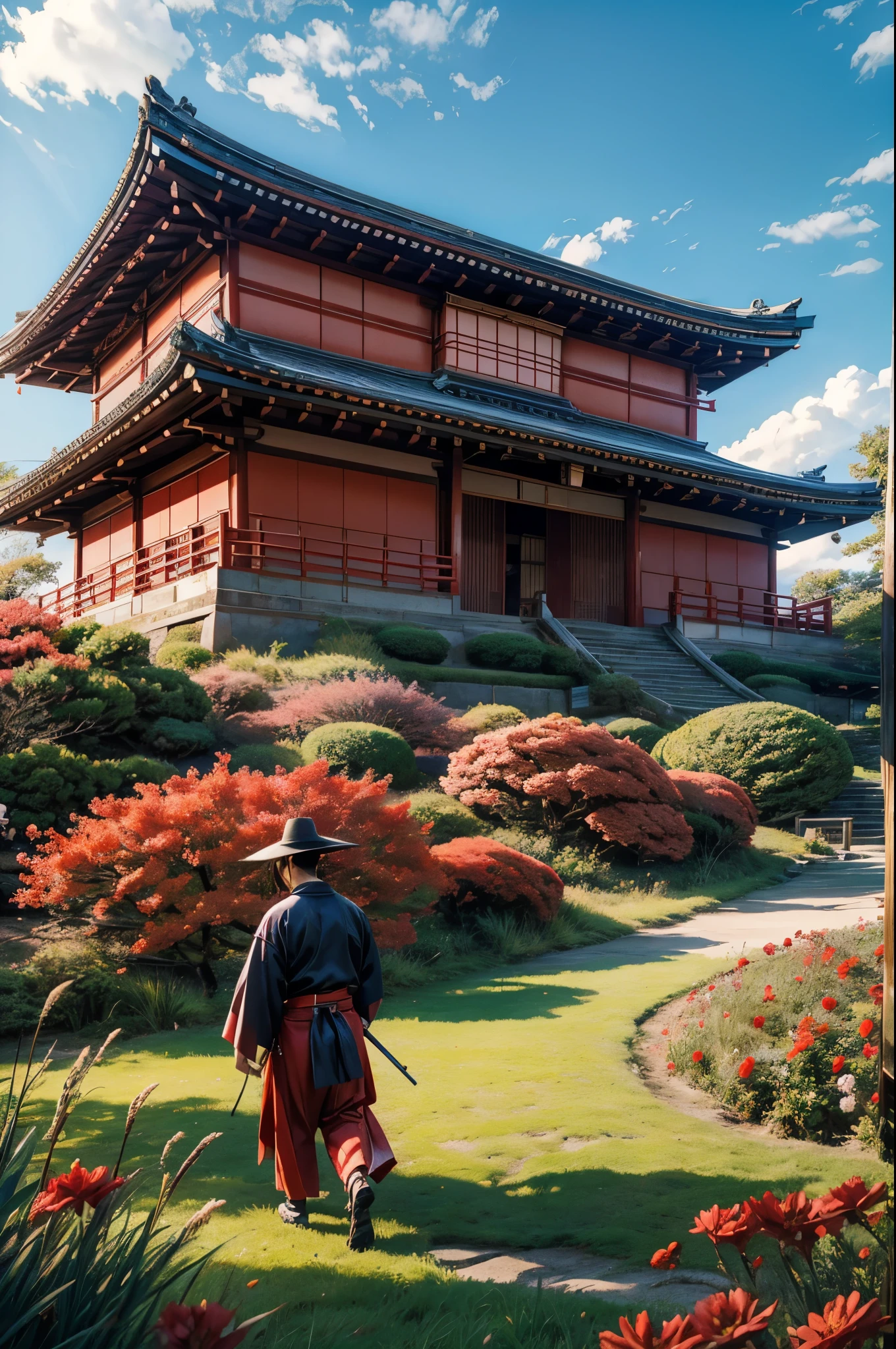 Japanese piecefull landscape full of red flowers,blue sky,wind over grasses,traditional japanese house at background,samurai training at the field