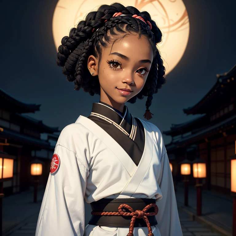 masterpiece, best quality), deep ebony 1girl, beautiful face, short Afro braids , cute, , beautify, Lofi vibe,, cute night vibe, concentrated, hands outside of the picture ,japan vibe ,samurai armour clothing, cute look, clothing is dry and baggy, small breasts, vibe, cute smile, black and white colour