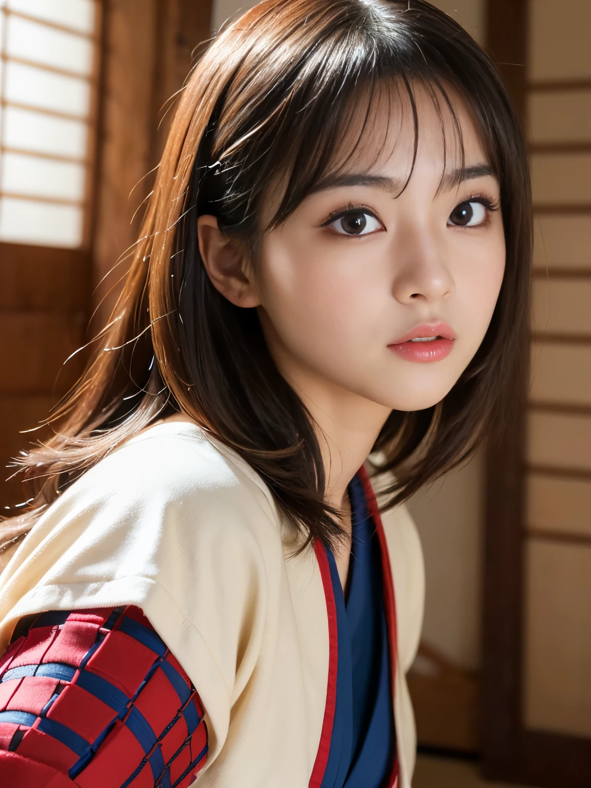 (Best-quality, Masterpiece, Ultra-High-Resolution, (Photorealistic:1.4), Raw Photo, depth of field, professional lighting, perfect anatomy, extremely details), in living room, 1girl, the most famous Japanese idol and the most famous assassin, (((slashing with Japanese-SAMURAI-sword))), wearing Japanese-KIMONO with gorgeous-design, ((extremely cute realistic-face like the most popular Japanese idol, ((extremely cute and extremely big realistic-eyes)), extremely beautiful and extremely realistic hair)), (((extremely beautiful and extremely realistic skins))), extremely cute and extremely realistic long-eyelashes, extremely cute and extremely realistic lips