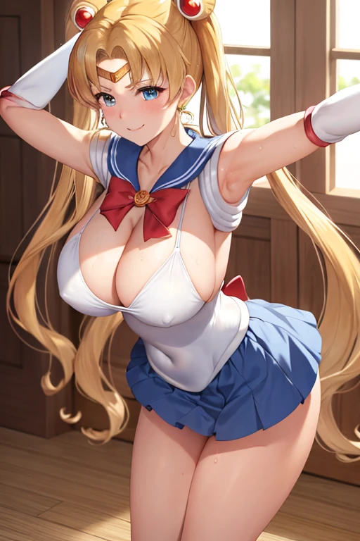 masterpiece, high definition, best quality, rendered art, well formed hands, fingers and body, 1 woman, solo, sailor moon , adult, grown up, twin tails, blonde, big breasted, cleavage, full body, , sexy sailor senshi uniform, short blue skirt, red boots, gorgeous hips, legs and thighs, blond, white elbow gloves, sailor collar, tiara, earrings, she is doing exercise, warming up, stretching her body, bouncing breasts, bikini thong, sexy and erotic training, working out, sweating, smiling joyfully and brightly, training montage session, beach environment 