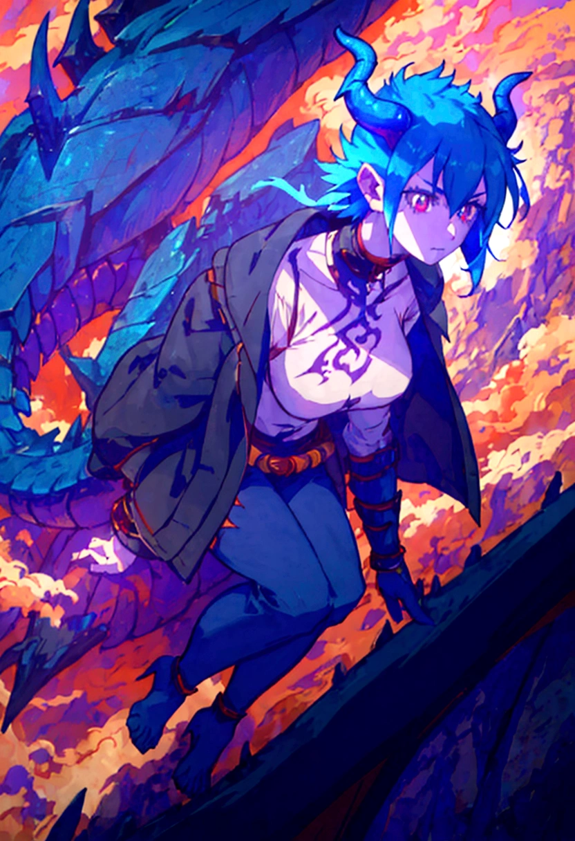 1 female, alone, short blue hair, ((half human and half dragon)), 30 years old, horns coming out of her neck, scary look, breath of fire character; Hybrid character of Human and dragon, full body; ((best angle)); ((better details)); human form