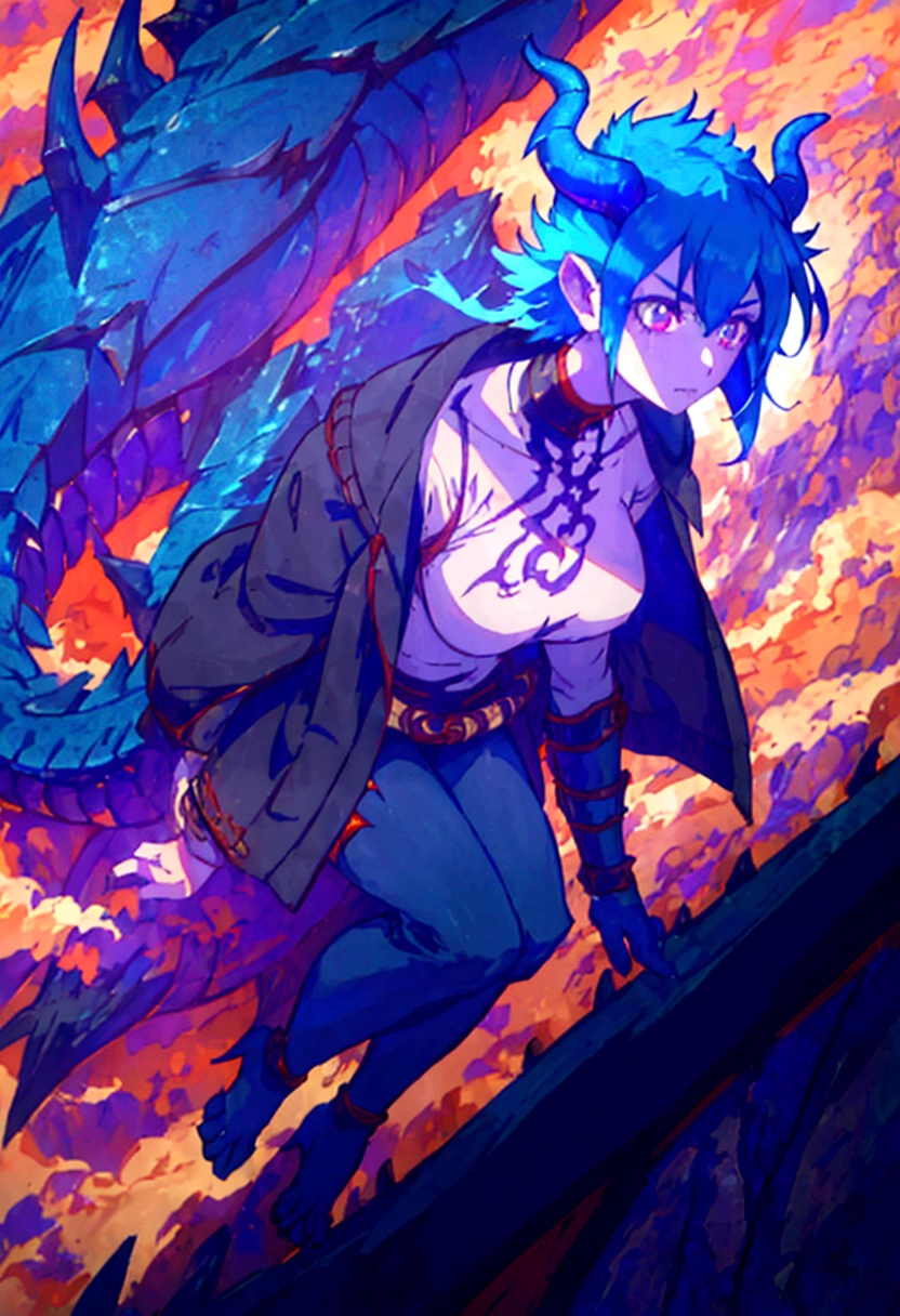 1 female, alone, short blue hair, ((half human and half dragon)), 30 years old, horns coming out of her neck, scary look, breath of fire character; Hybrid character of Human and dragon, full body; ((best angle)); ((better details)); human form