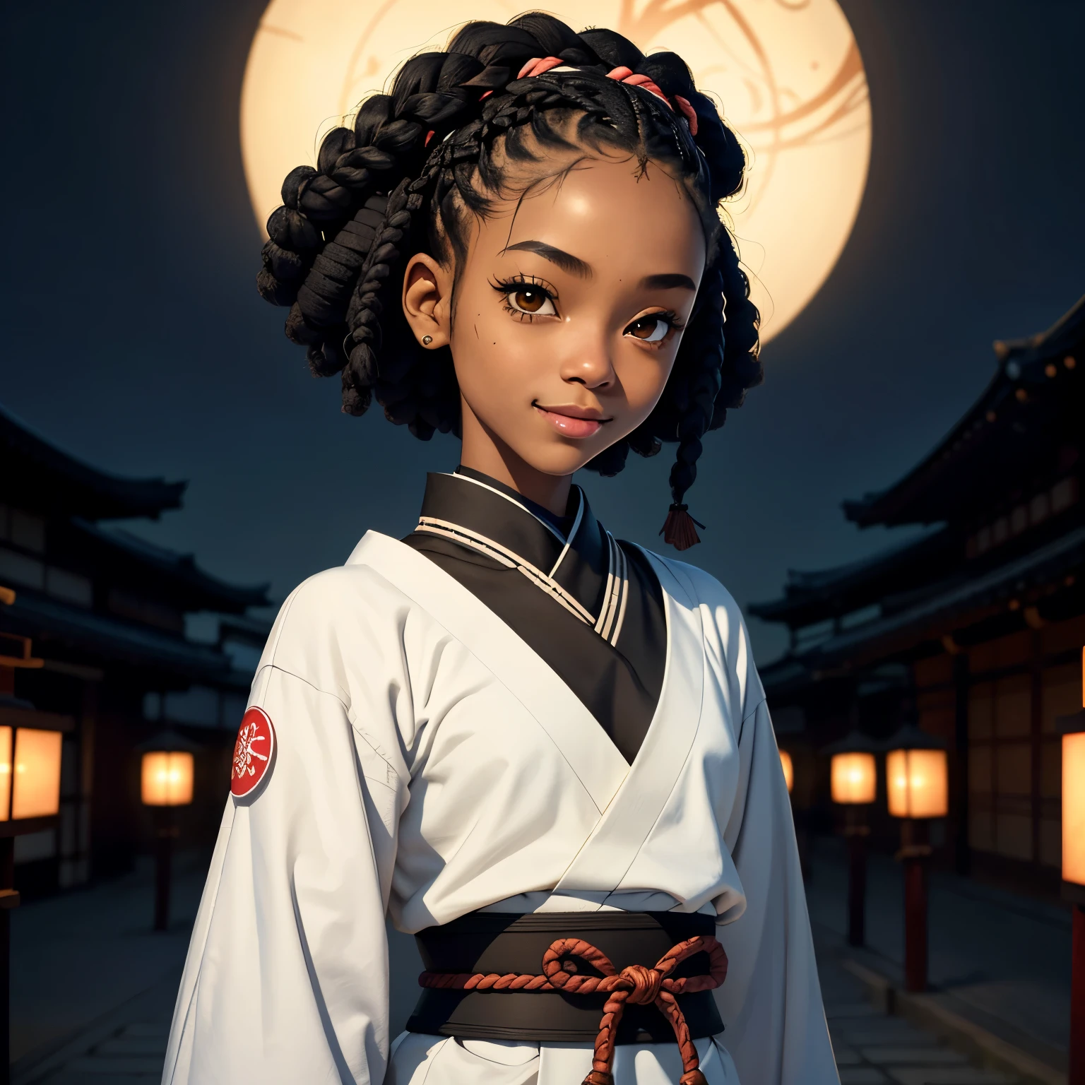 masterpiece, best quality), deep ebony 1girl, beautiful face, short Afro braids , cute, , beautify, Lofi vibe,, cute night vibe, concentrated, hands outside of the picture ,japan vibe ,samurai armour clothing, cute look, clothing is dry and baggy, small breasts, teen vibe, cute smile, black and white colour