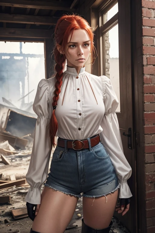 Character: Beautiful girl with long red hair tied in a ponytail and braids, freckles on her face, very small breasts, thin waist, wide hips. Clothing: White short-sleeved blouse that fits the body, with a high collar that extends to the chin. The blouse has red details on the sleeves and collar, she wears high-waisted denim shorts, a wide belt, black high boots, with moderate heels and red details on the top. She also wears black gloves that reach up to her elbows. Scenario: She is on her knees in a post-war scenario, destroyed buildings, fire, soldiers, explosions, her house destroyed. . Expression: sadness, distress, crying.
