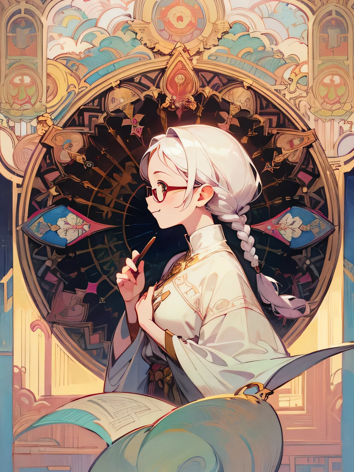 sideview, upperbody, single braids, white hair, glasses, smile, planning something, white mage clothes, nostalgic, kaleidoscope, Alphonse Mucha,