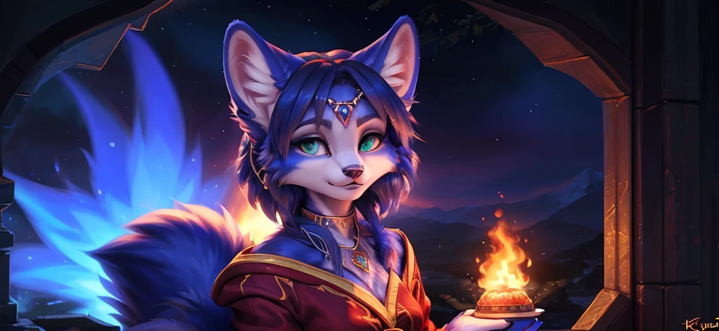 A beautiful and detailed (sweet portrait) von ((Krystal)), Sternenfuchs Krystal, Schlank, liebenswert, green eyes, medium breasts, (((Lange blaue Haare 1.3))),  ((schwarze haarspitzen)), Dekollete, Grinsen, hoch schauen,, anthro, Pelzig, Hochgeladen E621, detailed flauschige fur, (von Fluff-Kevlar, Bayard Wu, Personalami, Pino Daeni), detailliertes Gesicht, (flauschige), 1 girl, Allein,  Stammes-Kleidung, sweet girl, solo, wears a mages robe 
