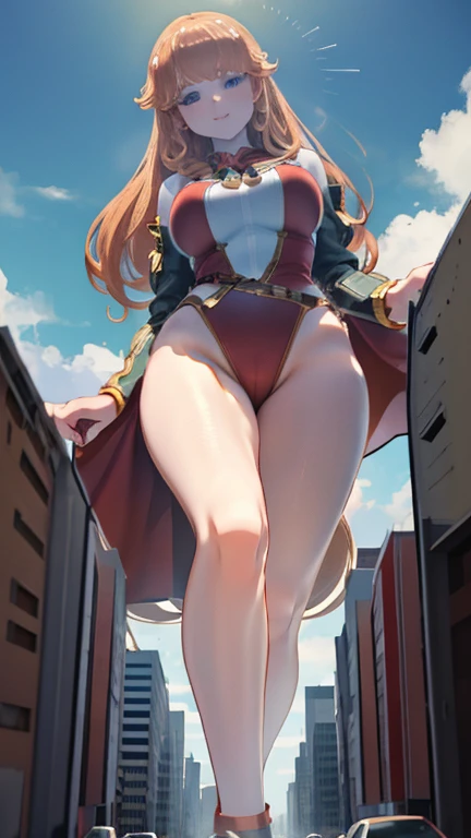 Giant Girl 50,000 feet high,Have a pair of long legs,Have a pair of huge breasts,Wearing a red bikini,Waist-length blonde hair,Loose hair,Wear a pair of Mary Janes,Blonde curly hair,Full of enjoyment,Standing tall in a crowded city, Vandalism,It seems to be an invincible existence,Beautiful appearance,Exquisite makeup,quality,8K,高quality,(Governor:1.5),Perfect proportion, theater lighting,Film Grain,Fuji Colors,8K,Textured Skin,Super Detail,High Detail,high quality,high resolution,thunderclap,Fake laugh,Morning,Perfect body