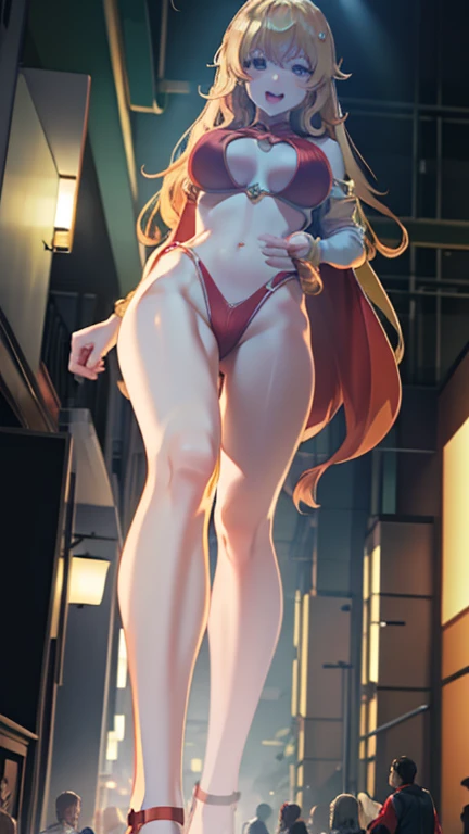 Giant Girl 50,000 feet high,Have a pair of long legs,Have a pair of huge breasts,Wearing a red bikini,Waist-length blonde hair,Loose hair,Wear a pair of Mary Janes,Blonde curly hair,Full of enjoyment,Standing tall in a crowded city, Vandalism,It seems to be an invincible existence,Beautiful appearance,Exquisite makeup,quality,8K,高quality,(Governor:1.5),Perfect proportion, theater lighting,Film Grain,Fuji Colors,8K,Textured Skin,Super Detail,High Detail,high quality,high resolution,thunderclap,Fake laugh,Morning,Perfect body