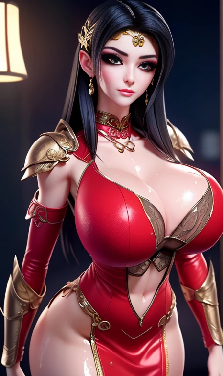 (Mature woman:1.5), Solitary, (Huge soft breasts:1.5),,(((Full breasts,)))(((Large Breasts))) (((Cleavage))), (Voluptuous body Mature woman:1.6), (Muscle Abs:1.4), (expression:1.5), looking at the audience, (Wet and sweaty body:1.5), (armor, qipao dress:1.5), (beautiful makeup:1.5), (permanent:1.75), Best quality, (Hotel Room:1.5), Diffuse lighting, Depth of Field, Background Bokeh, Reality, UHD, (Anatomically correct:1.5), High Detail, high quality, best quality, High resolution, 16K, HD.