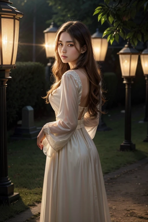 a beautiful young woman, detailed facial features, long wavy hair, elegant flowing dress, standing in a cemetery with lanterns, dramatic backlit lighting, volumetric rays of light, (best quality,4k,8k,highres,masterpiece:1.2),ultra-detailed,(realistic,photorealistic,photo-realistic:1.37),(Imperial style),(((glass style))),((surrealism)),full body shot,detailed portrait