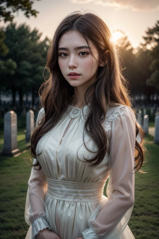 a beautiful young woman, detailed facial features, long wavy hair, elegant flowing dress, standing in a cemetery with lanterns, dramatic backlit lighting, volumetric rays of light, (best quality,4k,8k,highres,masterpiece:1.2),ultra-detailed,(realistic,photorealistic,photo-realistic:1.37),(Imperial style),(((glass style))),((surrealism)),full body shot,detailed portrait