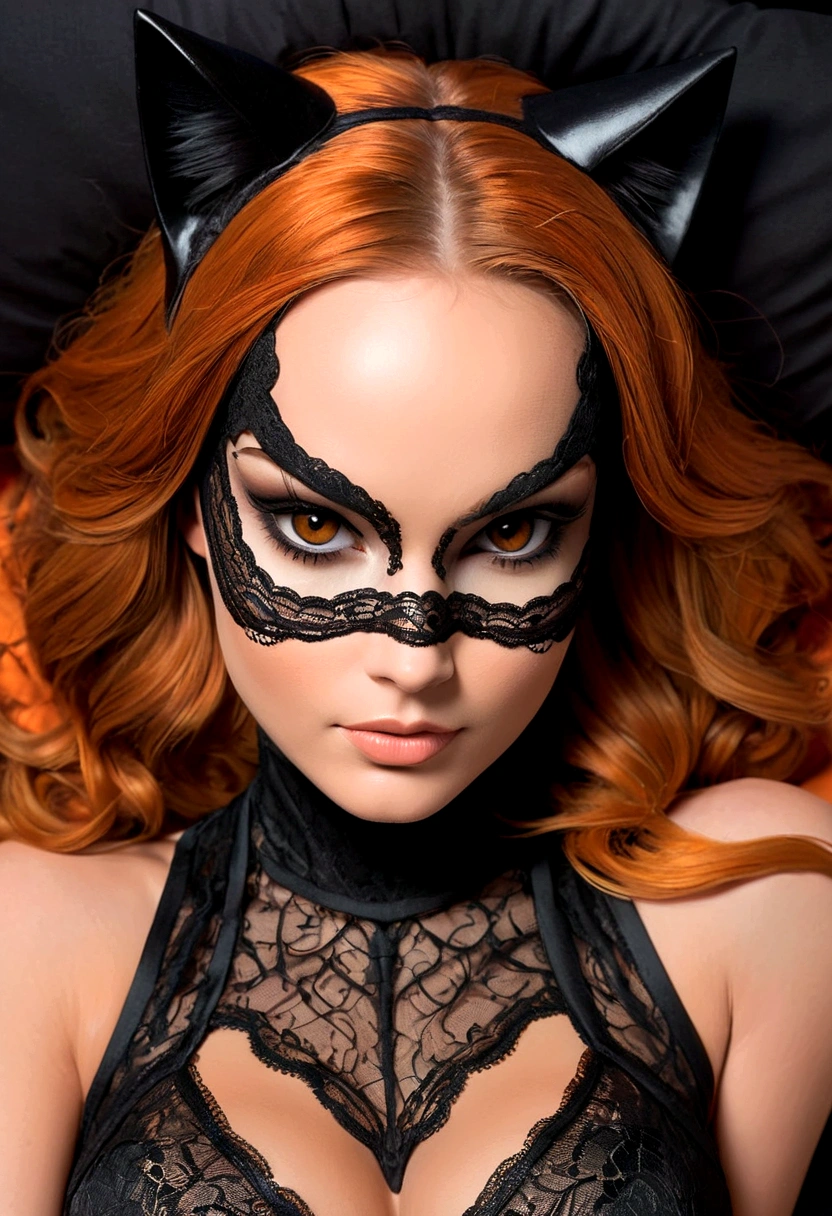 Tori Black lace catwoman orange hair heavy black eye shadow long black eyeliner black lace beautiful and creative sleeveless outfit incredible and fantastic face mask sharp claws posing on a sensual bed fierce expression dark ambience. No faces on her chest!