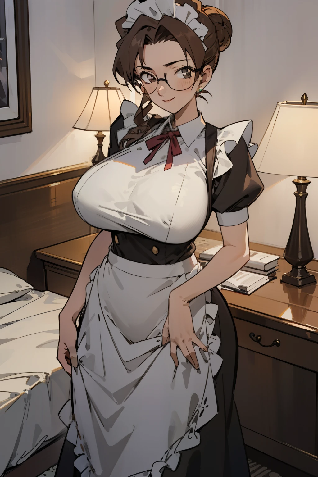 Night time,(Masterpiece), Best Quality, ultra-detailed, 1girl (eri,  Slender and sexy body, huge breasts, wide hips, brown hair, single hair bun, brown eyes, spectacles), smile,  facing viewer, looking at viewer, solo, maid (black), frill, apron, long skirt, maid headdress, in the  bedroom, standing,  