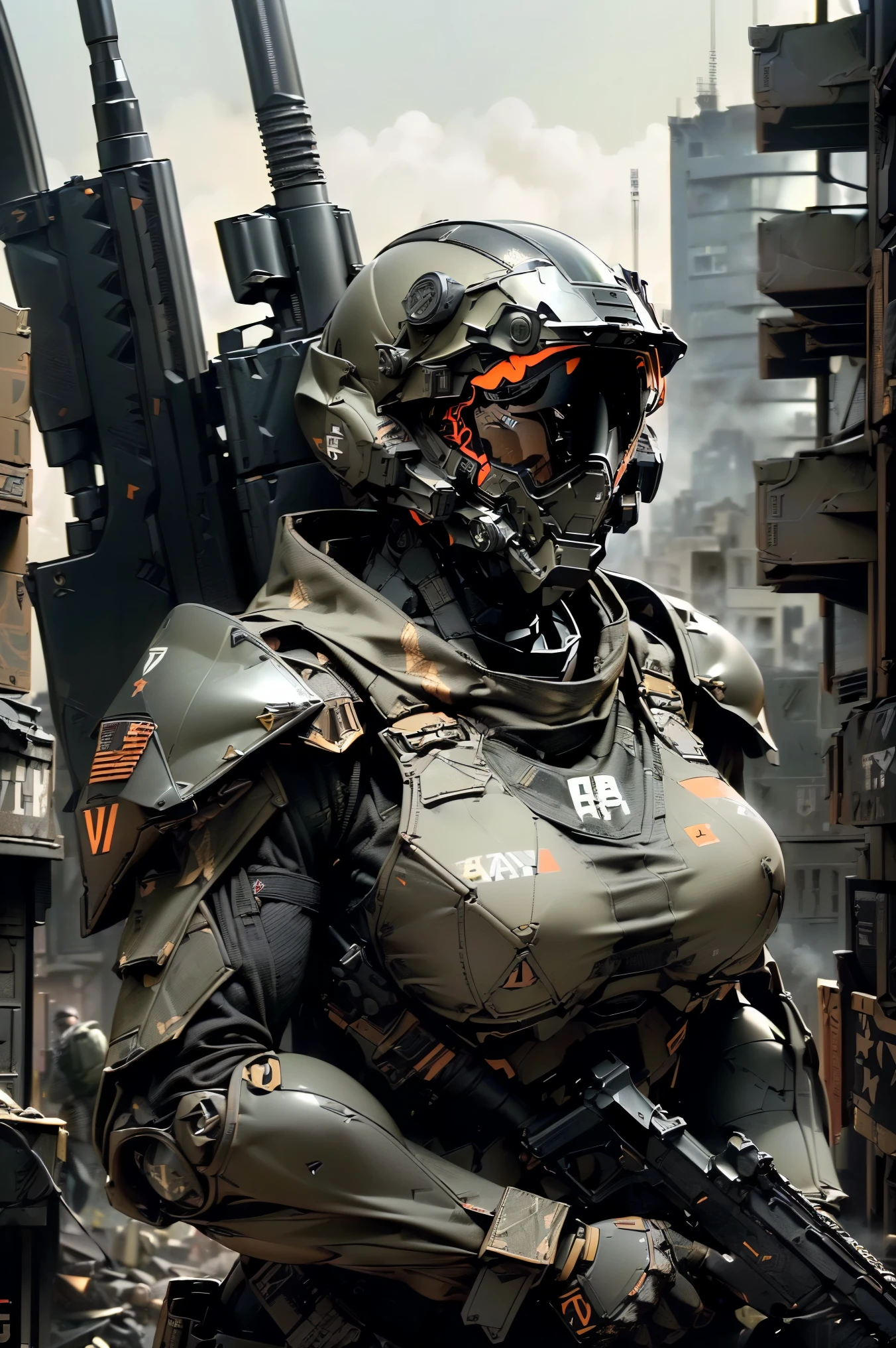 ((best quality, 8K, masterpiece: 1.2, ultra detailed, , a heavy mecha, hard surface)), (Armored core style: 1.0), (Big breasted woman wearing U.S. army robot armor GLOSSY BLACK equipment), (((aiming at something with a rifle:1.4))),(((Looking into the sights of a rifle:1.4))),(((black body:1.5))),(The armor has the U.. S. army logo...:1.4),(open tactical helmet:1.3),(A detailed eye:1.3),(A detailed face:1.3),(Detailed weapons:1.3),(detailed body:1.3),( full bodyesbian:1.5),(The background is a city of WAR...:1.5),natural