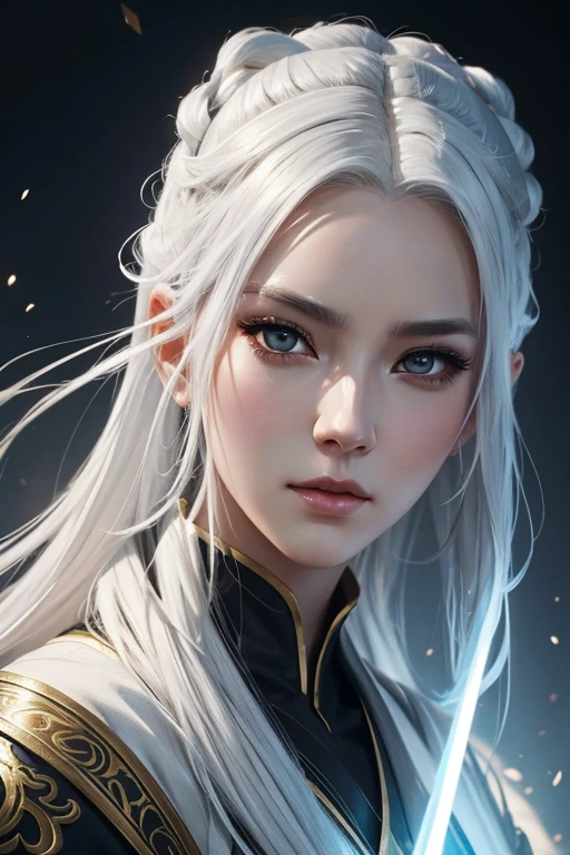a close-up of a woman with white hair and a white mask, beautiful character painting, Guweiz, artwork in the style of Guweiz, white-haired deity, by Yang J., Exquisite and epic character art, stunning character art, by Fan Qi, by Wuzhun Shifan, Guweiz on pixiv artstation, hyper detailed, intricate, cinematic lighting, dramatic, masterpiece, 8k, high quality, photorealistic, digital painting, oil painting
