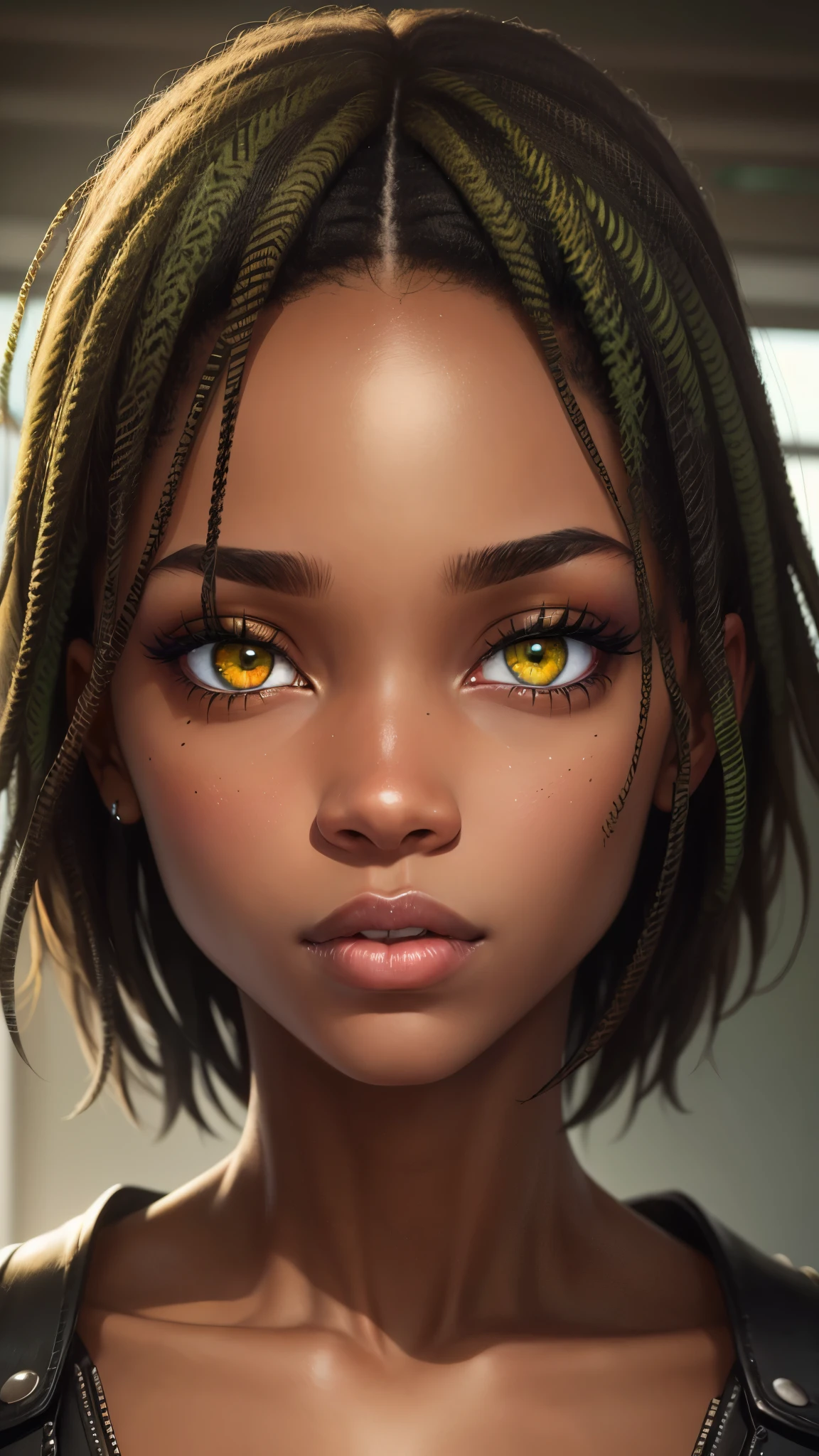 Black woman with heterochromia. Brown left eye and green right eye, realistic. Image focused only on the eyes. Black woman, ebony