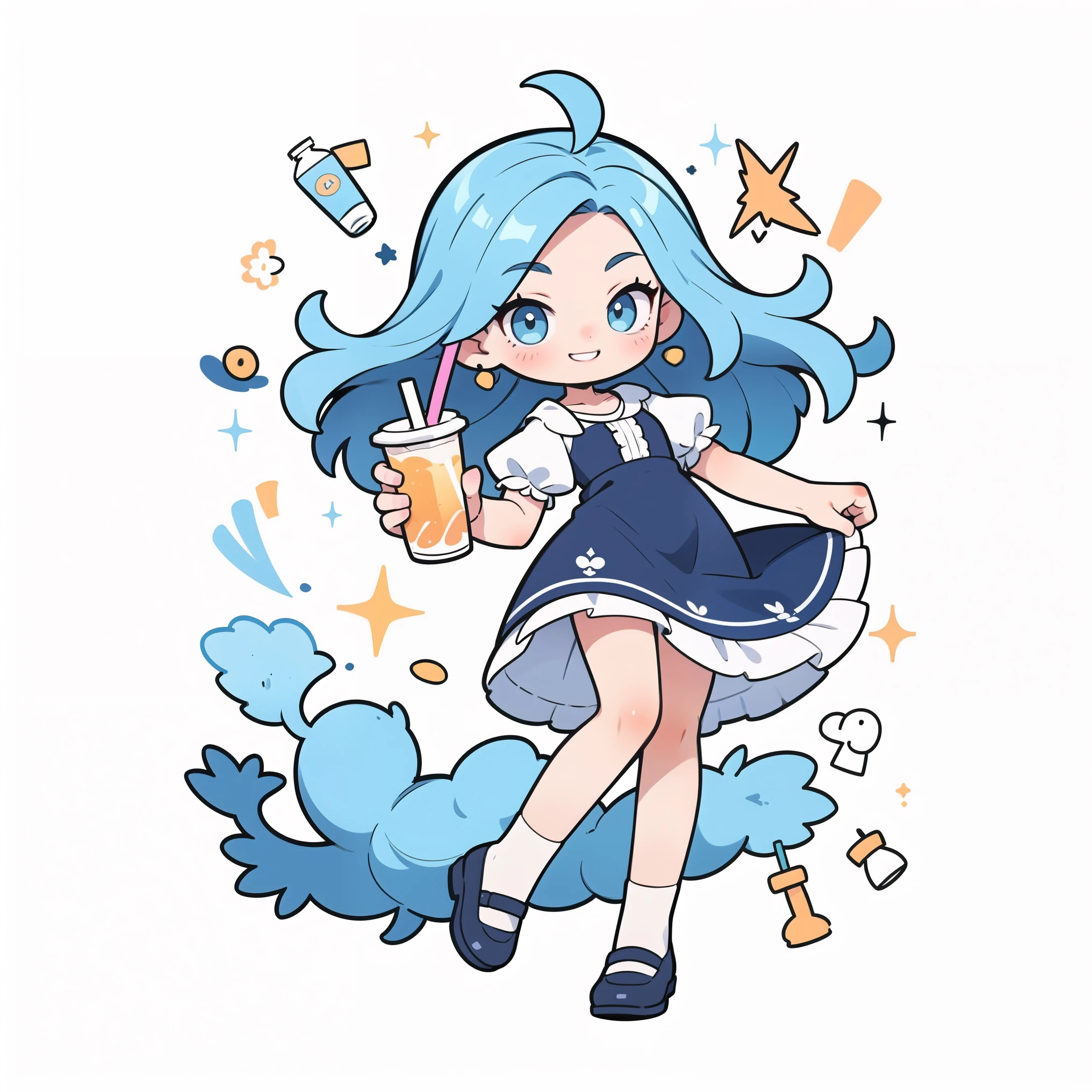 First place girl, best quality, masterpiece, Ultra-high resolution, 8K, (skirt,Small leather shoes) , soft line art, Digital enhancement, Girl comic style, Girls comics core,,  soft drawing, ((Beautiful blue highlighted long hair,Clear eyes)), ((Smile)), ((dress)),Ultra-detailed digital animation art, The face is clearly depicted,  Clear facial features, Comic style, Top quality colors, You can see the angle of the feet, Pretty and beautiful: 1.5, high quality:1.3（cute）（Drink soda）