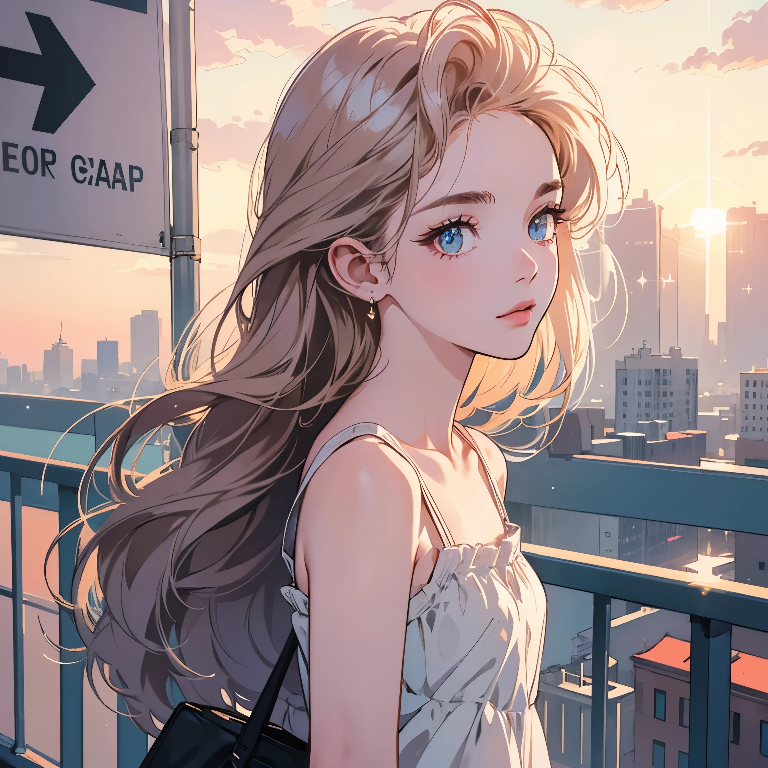 Upper body, 1 Woman, Top Quality, 14k, wind blowing, white camisole, sunset, skyscraper, power lines, crosswalk, sign,(((sparkling eyes))), (((mysterious))), Various hair colors, detailed hair, detailed background, top quality, light lighting, backlight, dim, clouds, front, (((overhead shot))), looking at viewer backlight, dim, clouds, frontal face, looking at viewer,Various hairstyles,Very beautiful women, Noble,Apartment balcony,Various angles