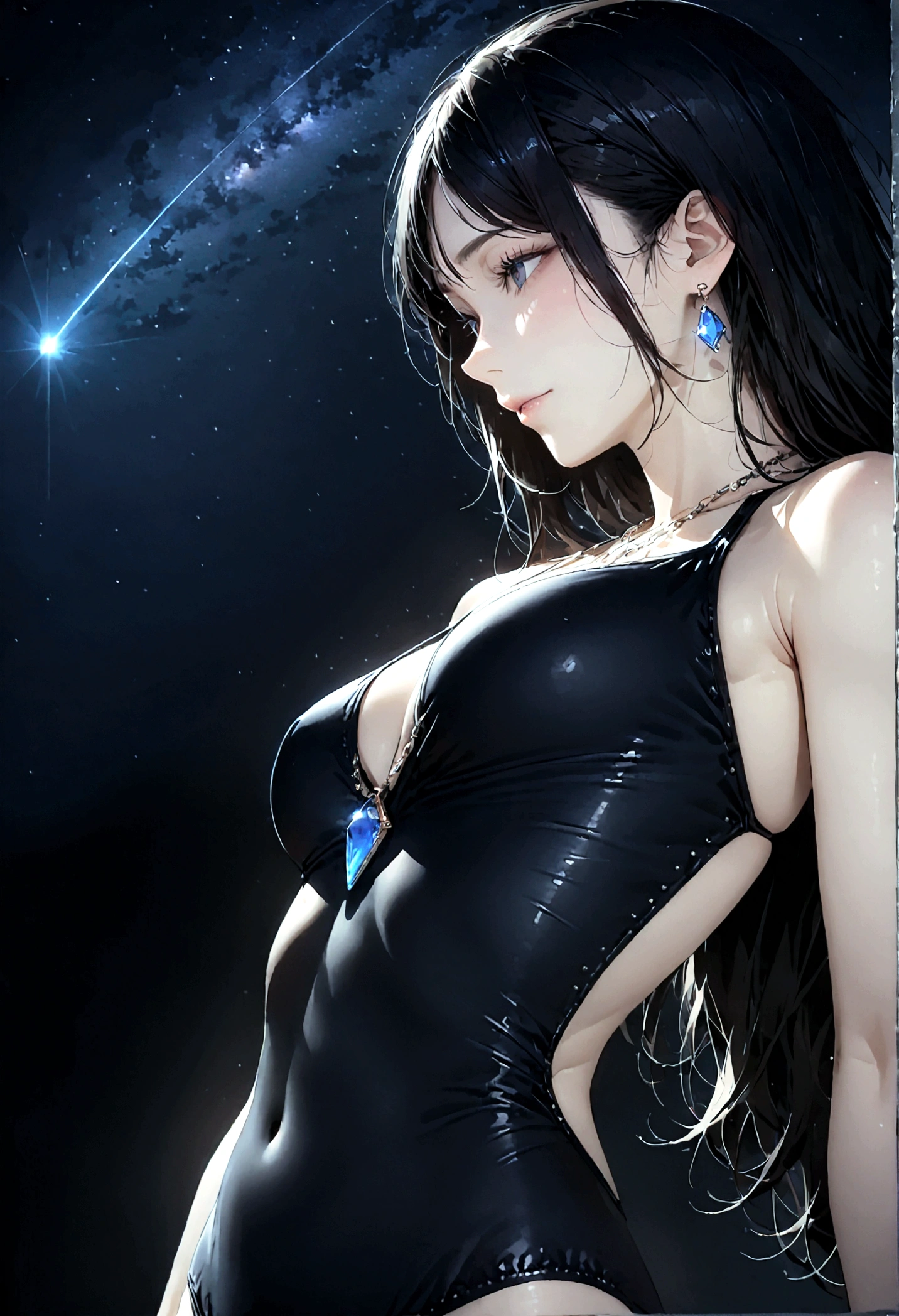 8k, masterpiece, RAW Photos, highest quality, Realistic, Very detailed, Depth of written boundary, Cinematic Light, Anatomically correct body,
One beautiful 40 year old woman, Very beautiful face, Exquisitely detailed face, (A calm and gentle face:1.4), Very delicate skin texture, Transparent muscle, Shiny white skin, Glamorous Body,
(Wavy black long hair:1.2), Sexy Breasts, Sexy ass,
(Hentai Swimsuit:1.4), (Detailed cloth texture:1.2), (Gorgeous jewel-studded body chain accessories:1.3), (Gorgeous necklace:1.1), (Gorgeous earrings:1.1),
(Dark starry background:1.4), (Milky Way:1.1), (milky way:1.1), (shooting star:1.1), (Dark coastline at night:1.4), (Pitch black sea surface:1.4),
(Standing on the beach:1.2),
(Low angle shot:1.5),