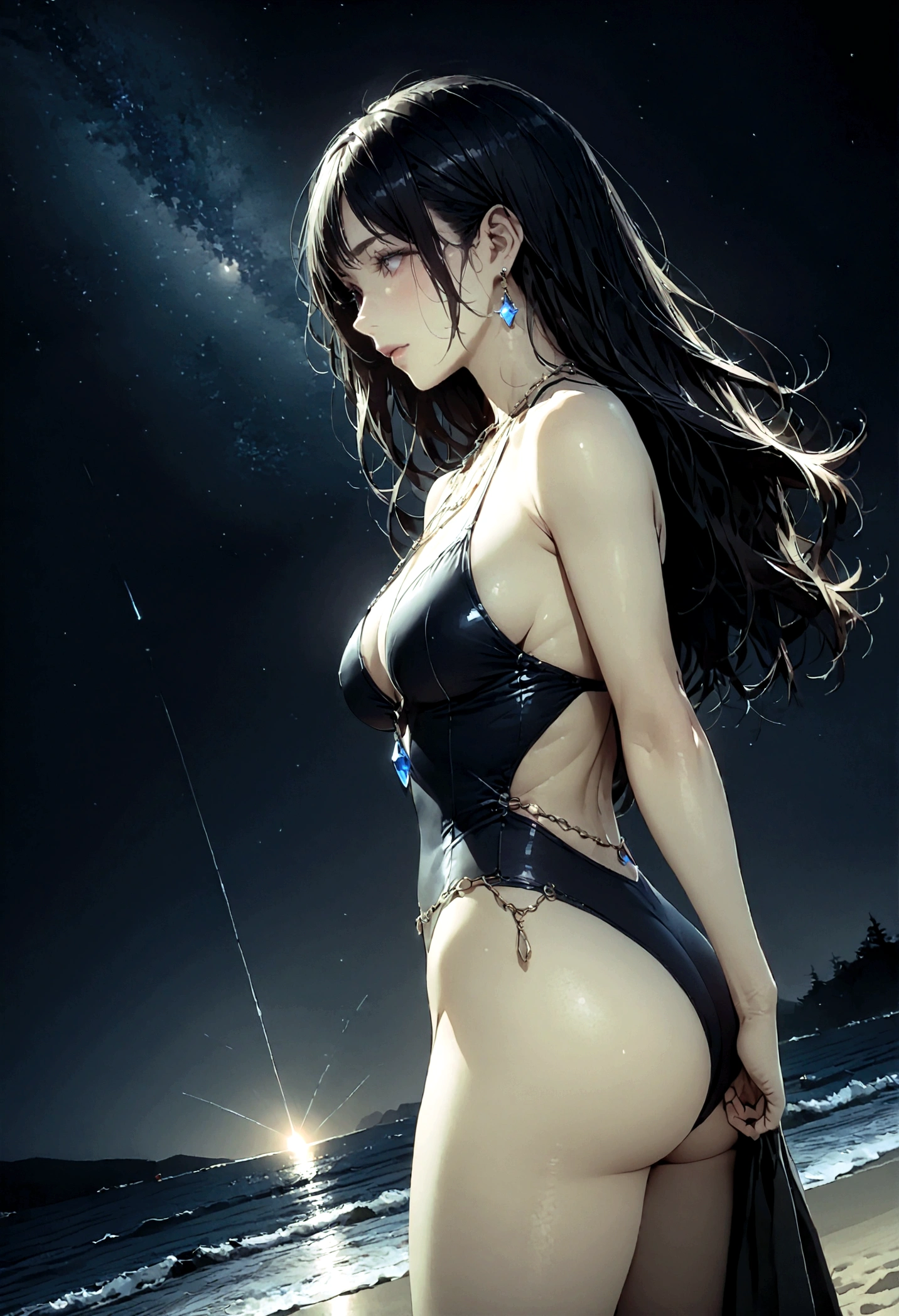 8k, masterpiece, RAW Photos, highest quality, Realistic, Very detailed, Depth of written boundary, Cinematic Light, Anatomically correct body,
One beautiful 40 year old woman, Very beautiful face, Exquisitely detailed face, (A calm and gentle face:1.4), Very delicate skin texture, Transparent muscle, Shiny white skin, Glamorous Body,
(Wavy black long hair:1.2), Sexy Breasts, Sexy ass,
(Hentai Swimsuit:1.4), (Detailed cloth texture:1.2), (Gorgeous jewel-studded body chain accessories:1.3), (Gorgeous necklace:1.1), (Gorgeous earrings:1.1),
(Dark starry background:1.4), (Milky Way:1.1), (milky way:1.1), (shooting star:1.1), (Dark coastline at night:1.4), (Pitch black sea surface:1.4),
(Standing on the beach:1.2),
(Low angle shot:1.5),